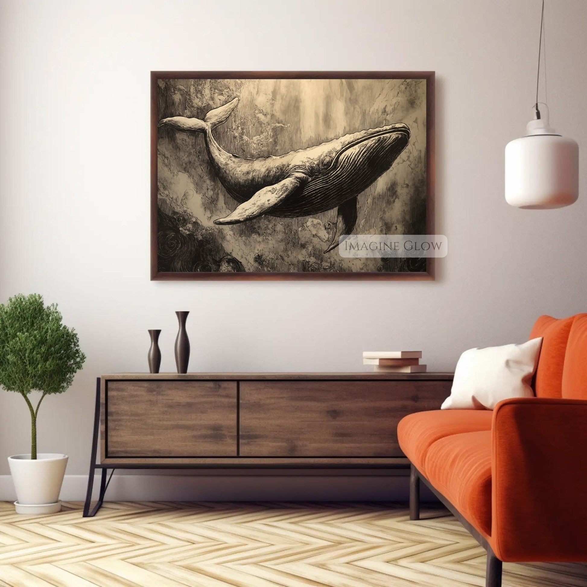 Elegant whale illustration for nautical wall decor.