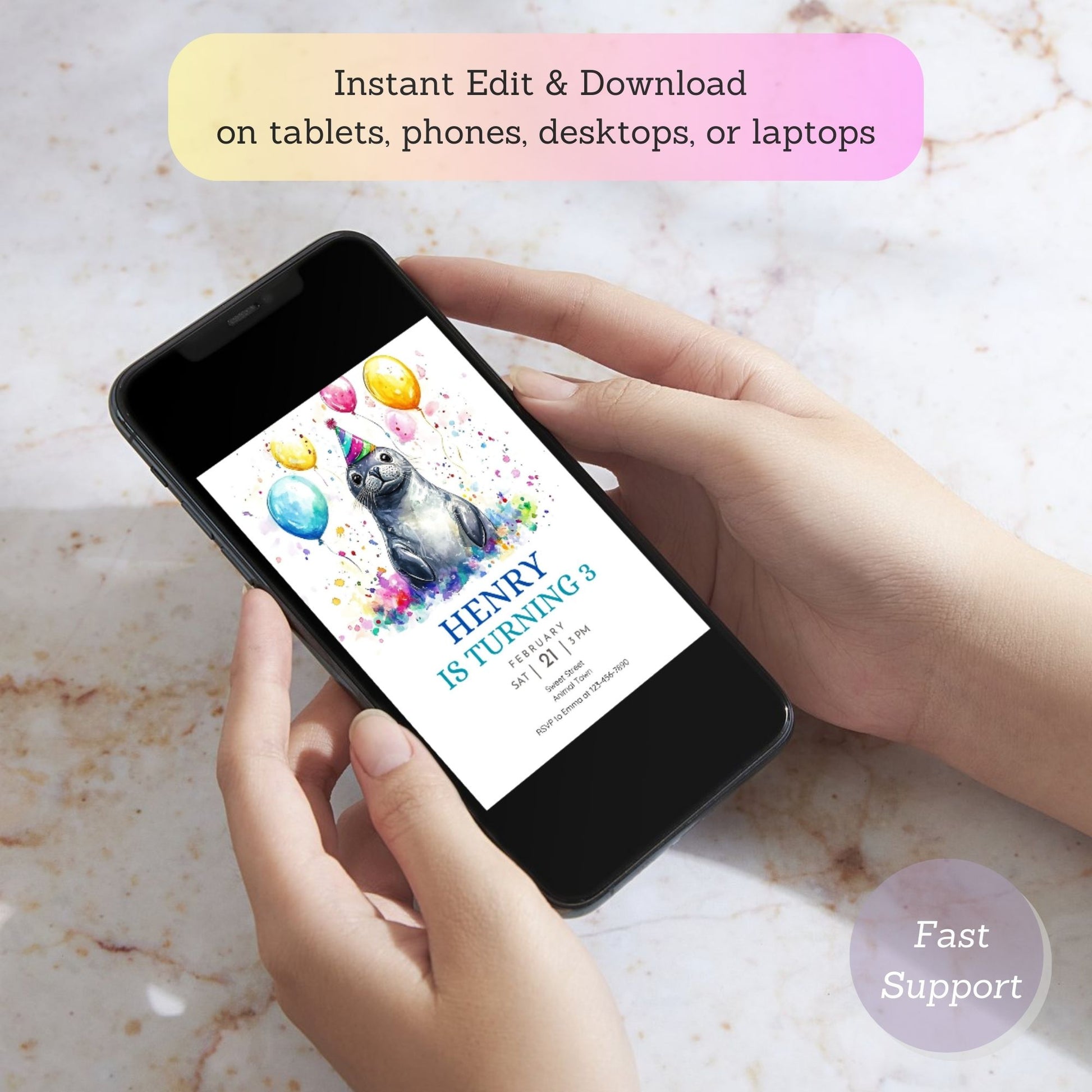 Editable and printable seal birthday invitation for kids.