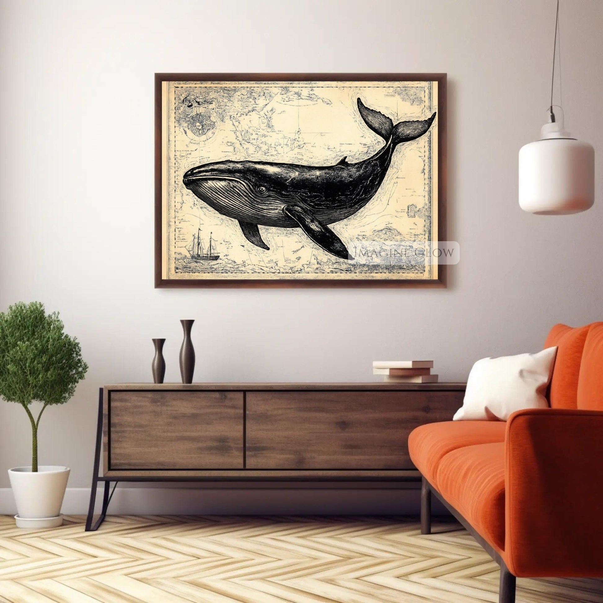 Sea life whale sketch for beach house decor.