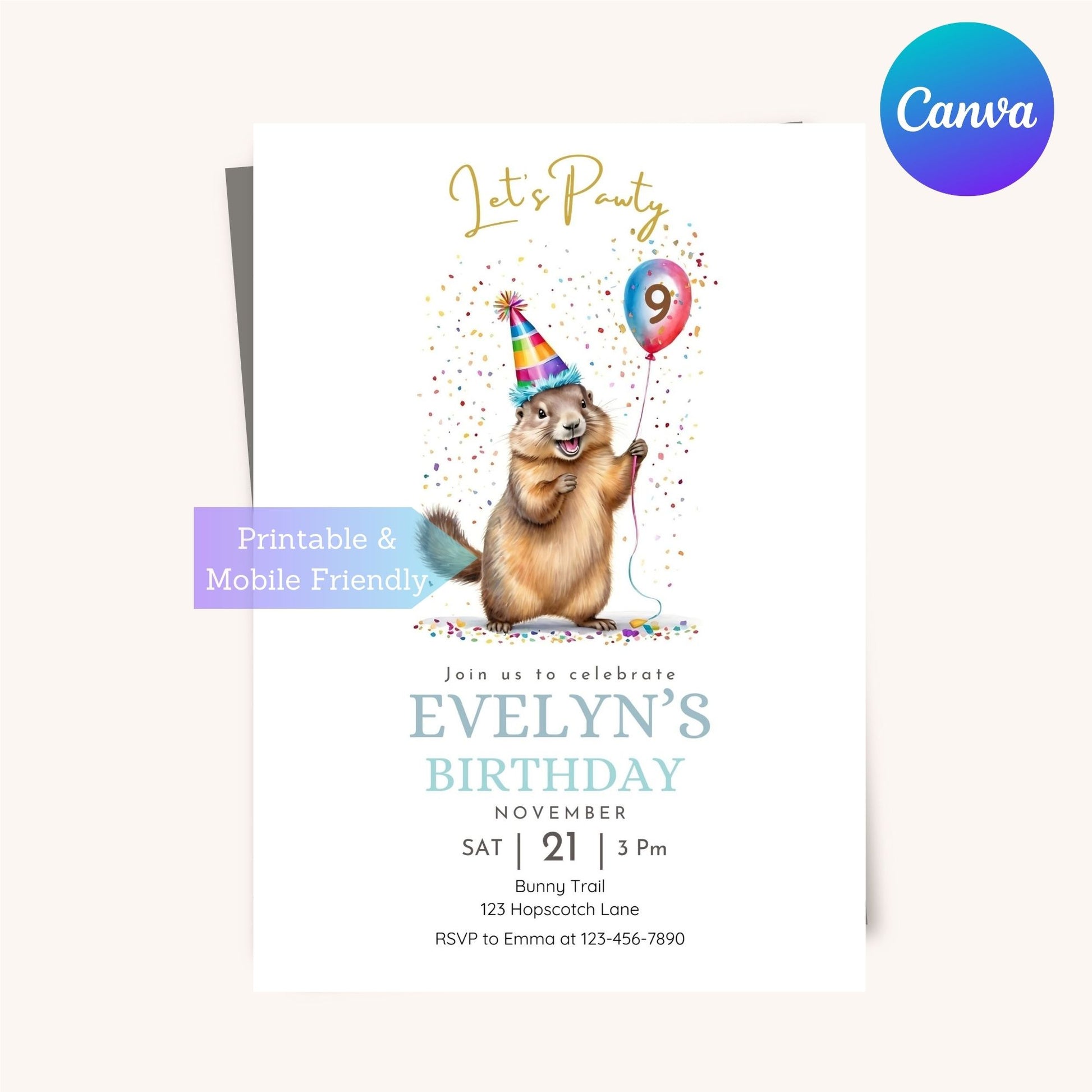 Cute marmot birthday invite with customizable age and balloon design.