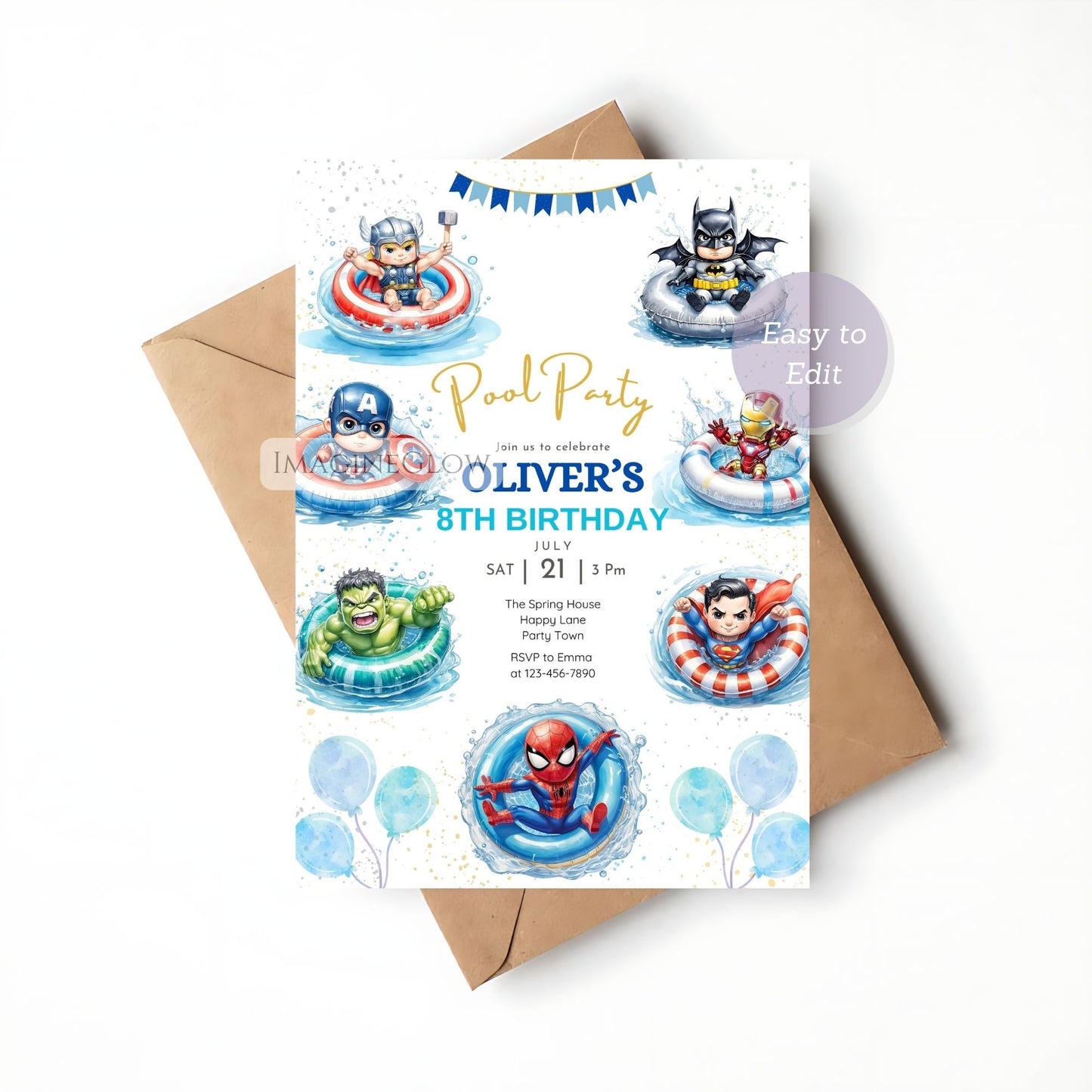editable superhero kids birthday card