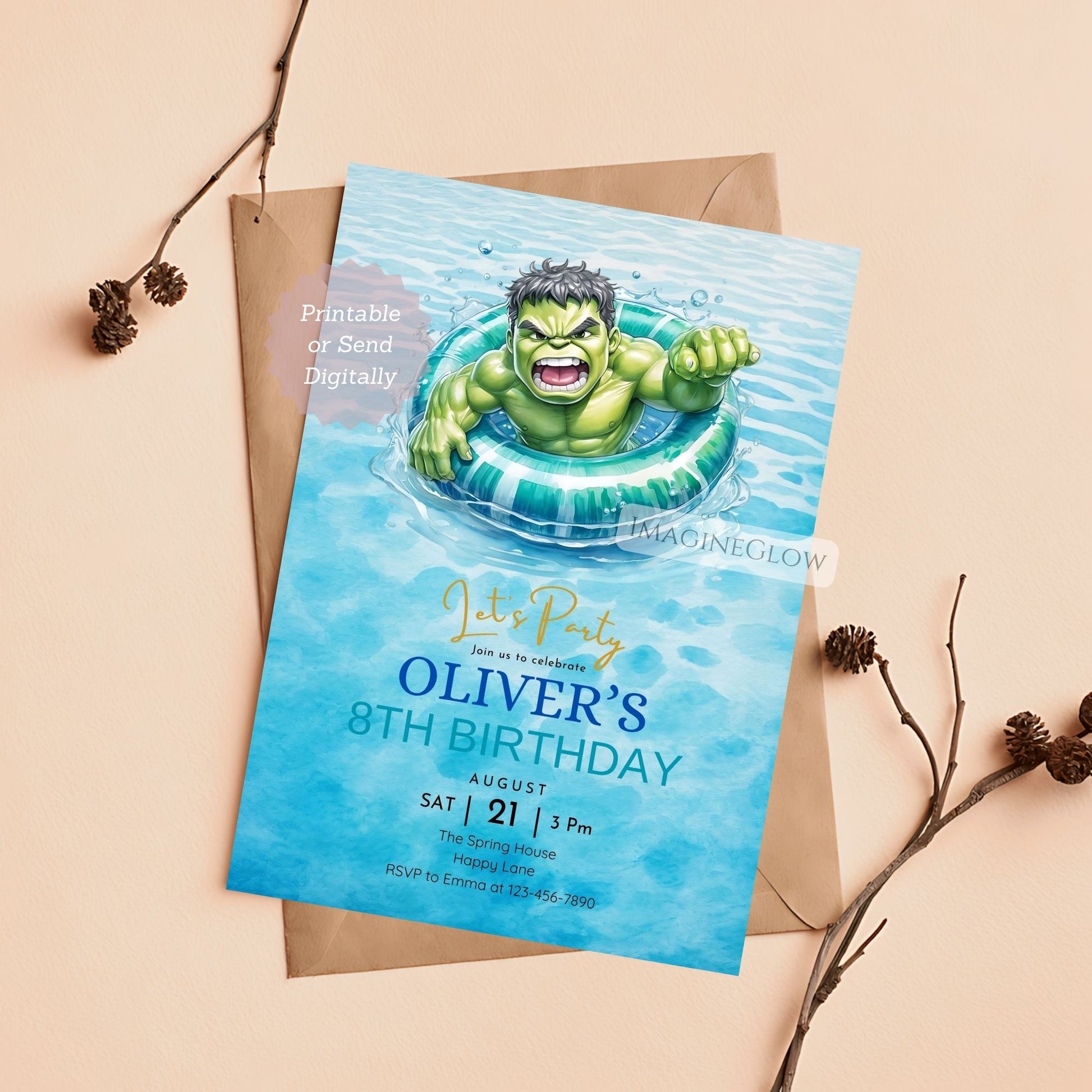 kids superhero water party invitation
incredible hulk swim birthday invite
hulk themed pool party card