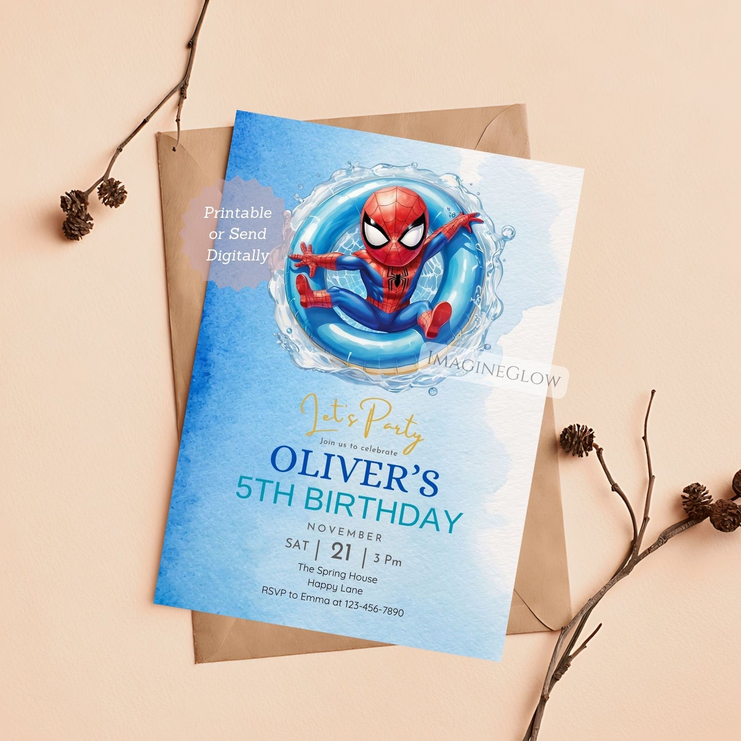 spiderman summer party invitation
digital superhero pool party card