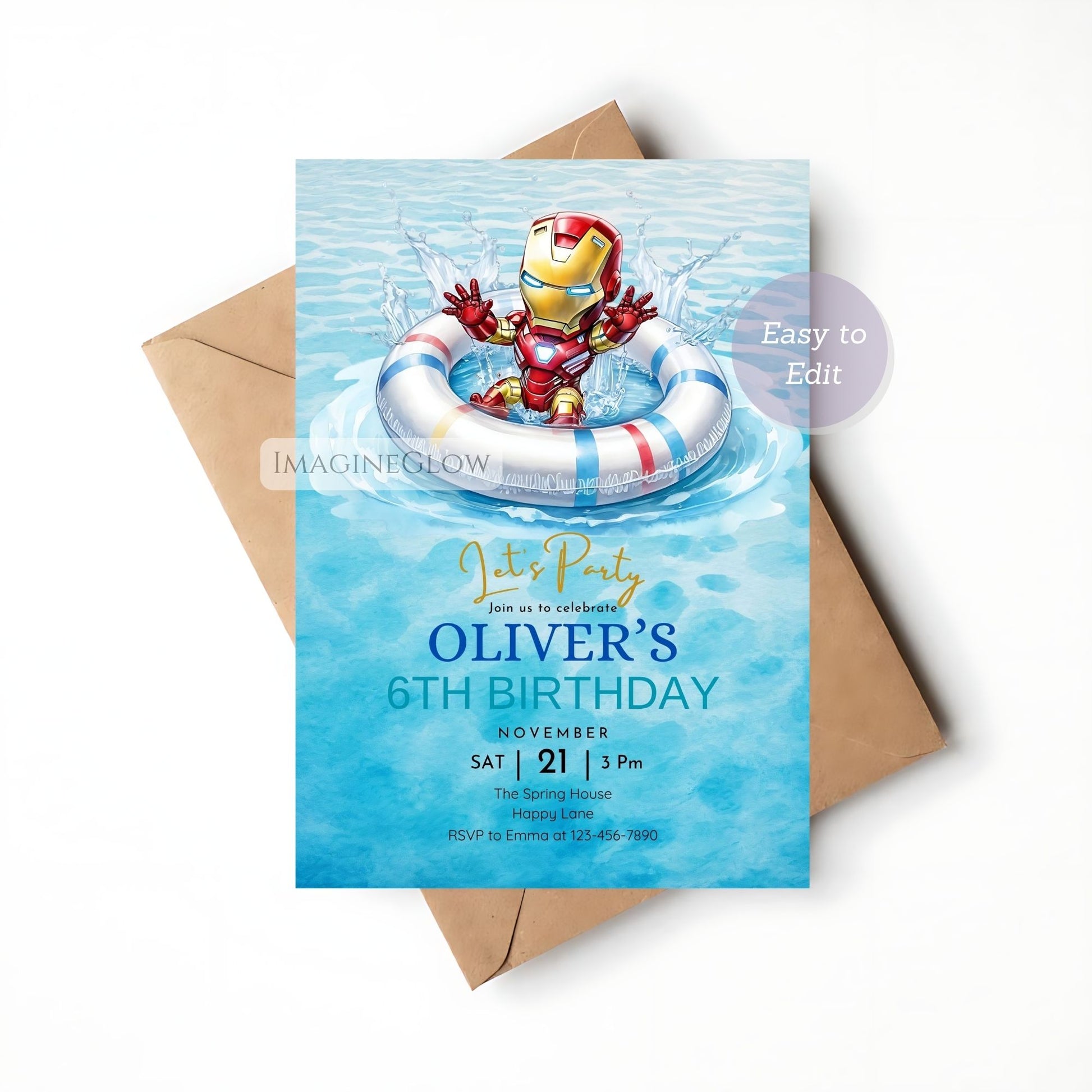 Birthday party invitation with Iron Man in a life ring on a blue water background
