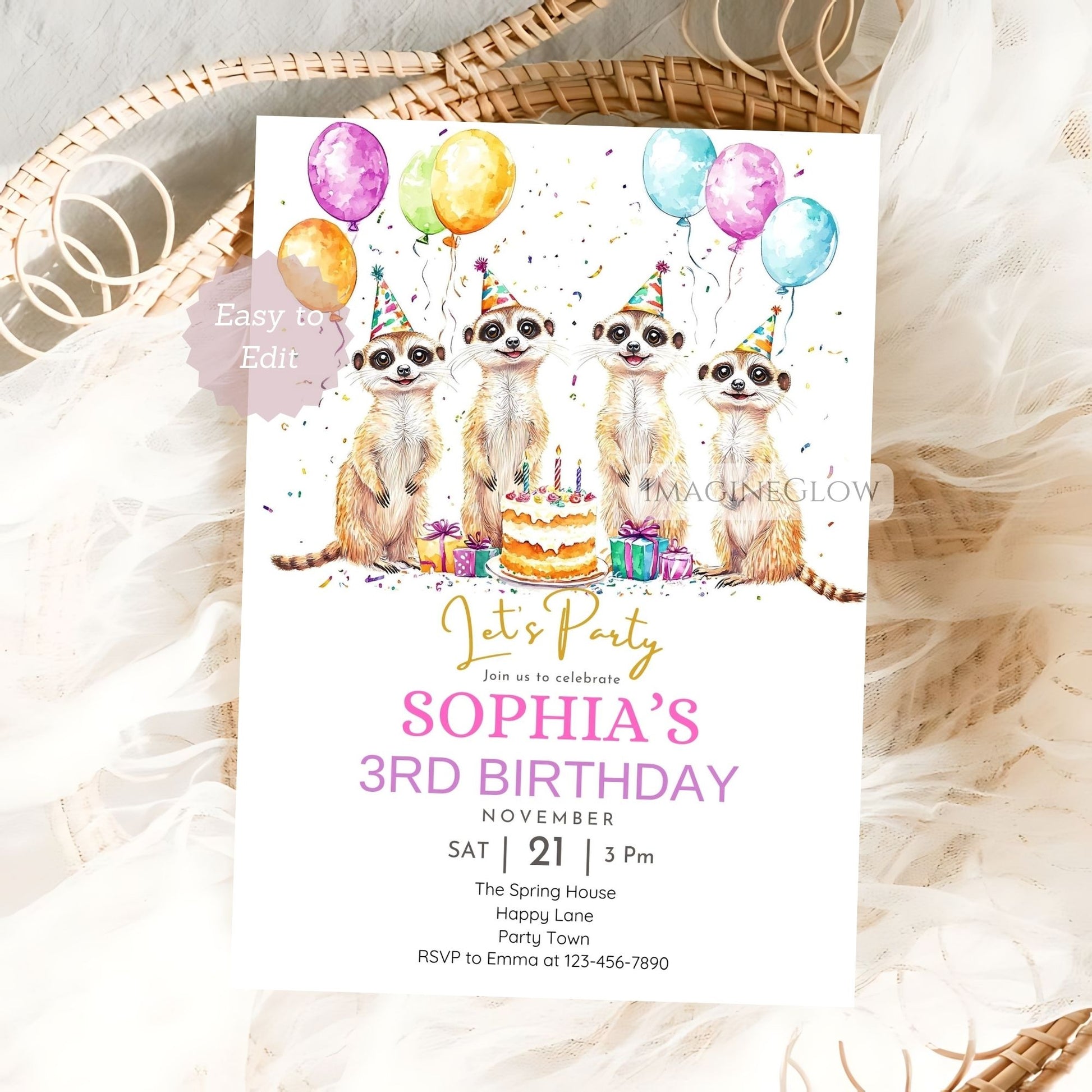 Safari birthday invite featuring meerkats