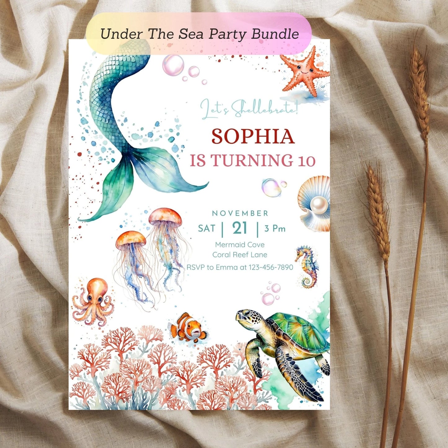 Under the Sea Birthday Party Bundle - Mermaid Theme Birthday Invitation - Mermaid Banner Bunting - Cupcake Topper - Food Card