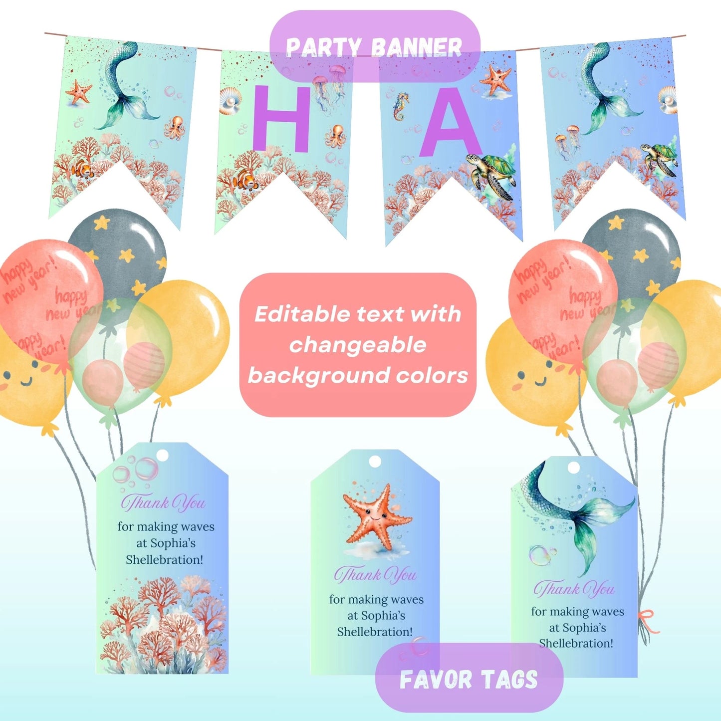 Under the Sea Birthday Party Bundle - Mermaid Theme Birthday Invitation - Mermaid Banner Bunting - Cupcake Topper - Food Card