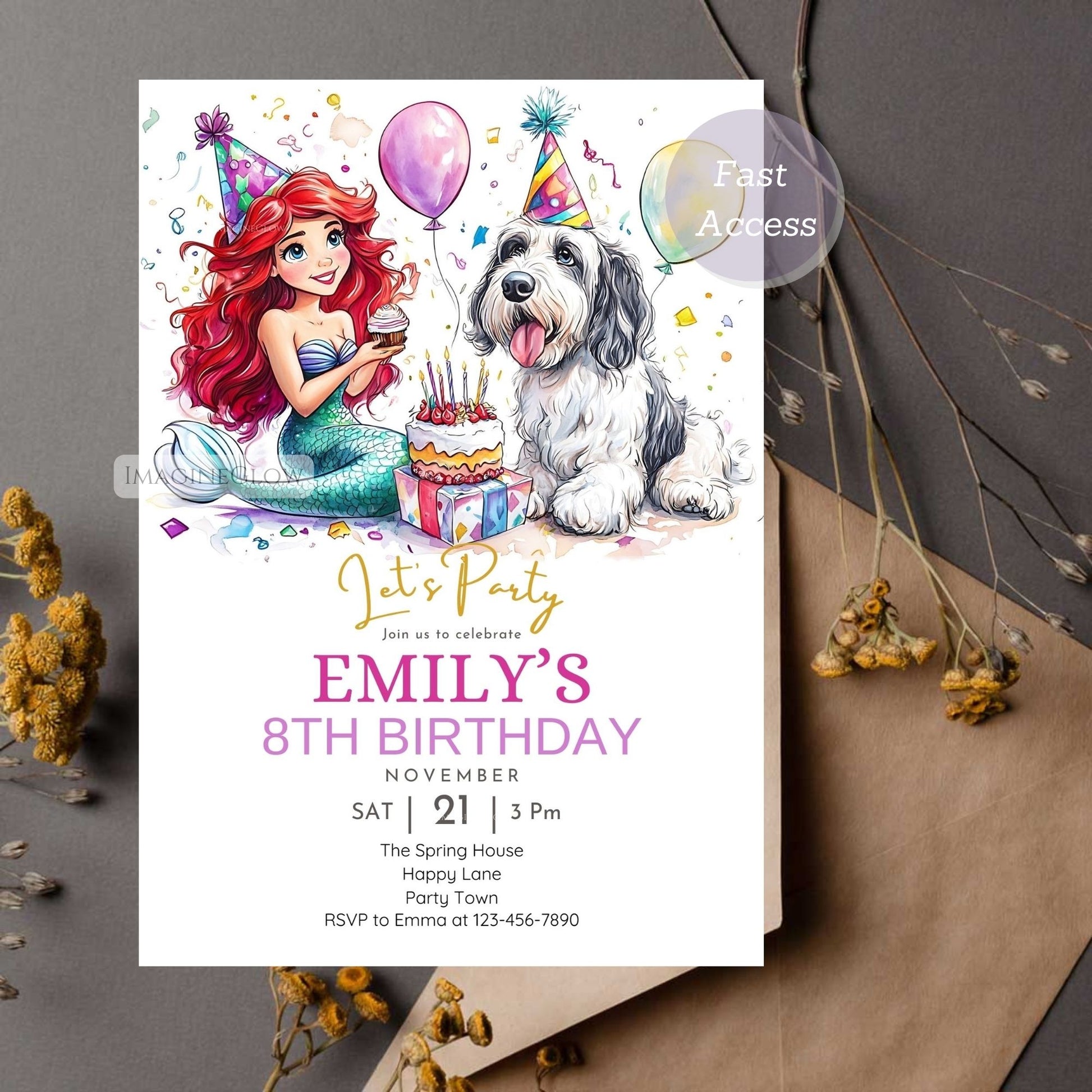 Digital mermaid princess and dog invitation