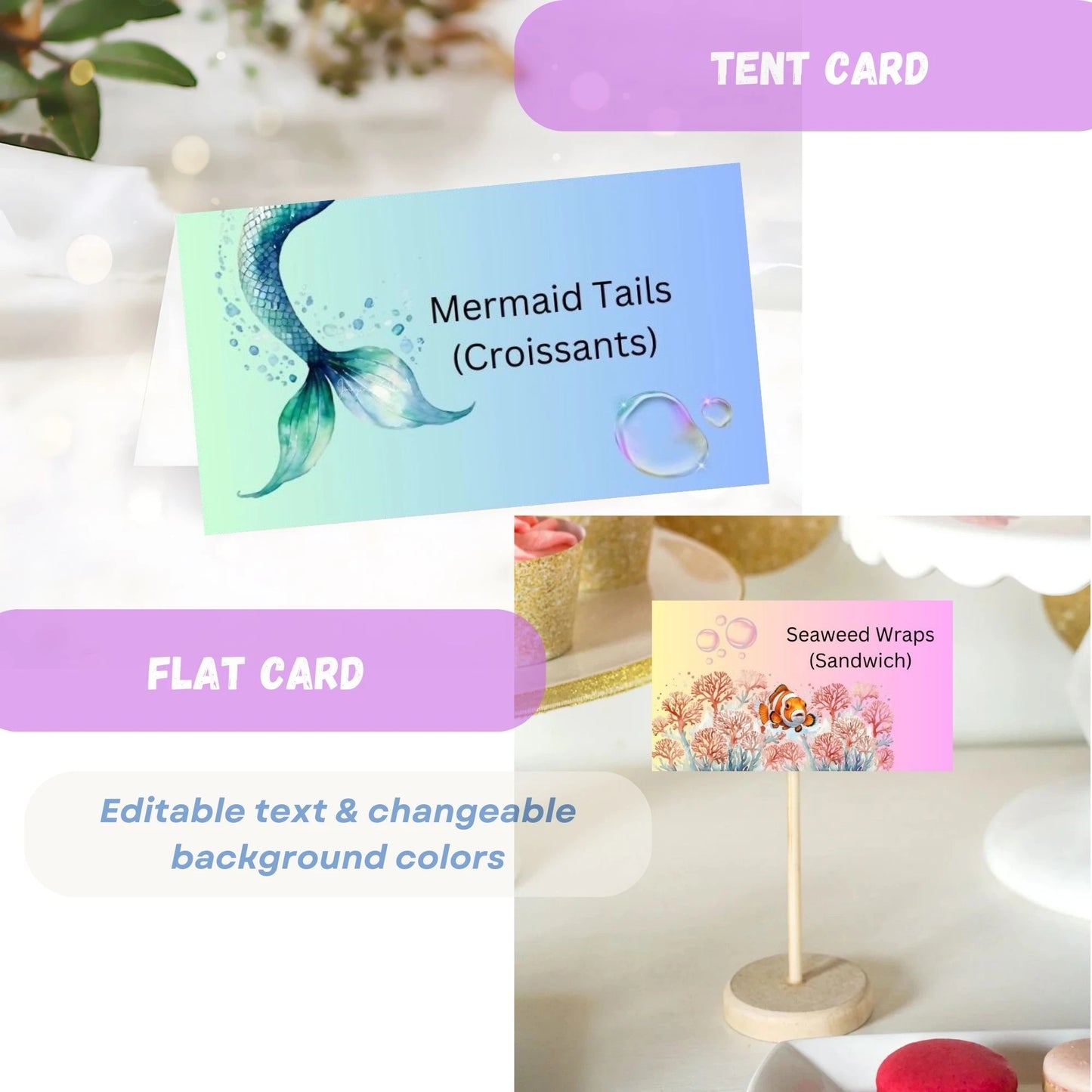Under the Sea Birthday Party Bundle - Mermaid Theme Birthday Invitation - Mermaid Banner Bunting - Cupcake Topper - Food Card