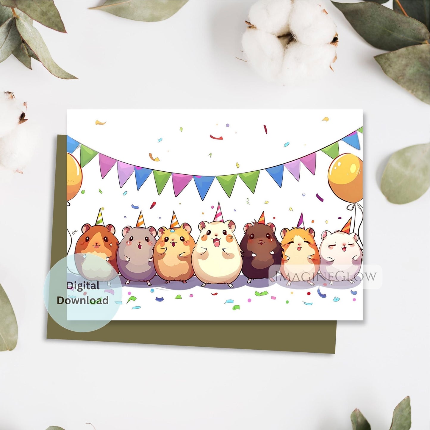 Digital download card with cartoon hamsters wearing party hats on a white background
