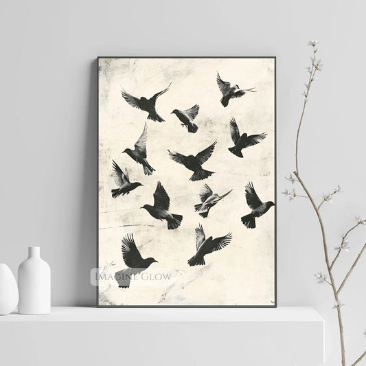 Vintage abstract flock of birds in flight art print.