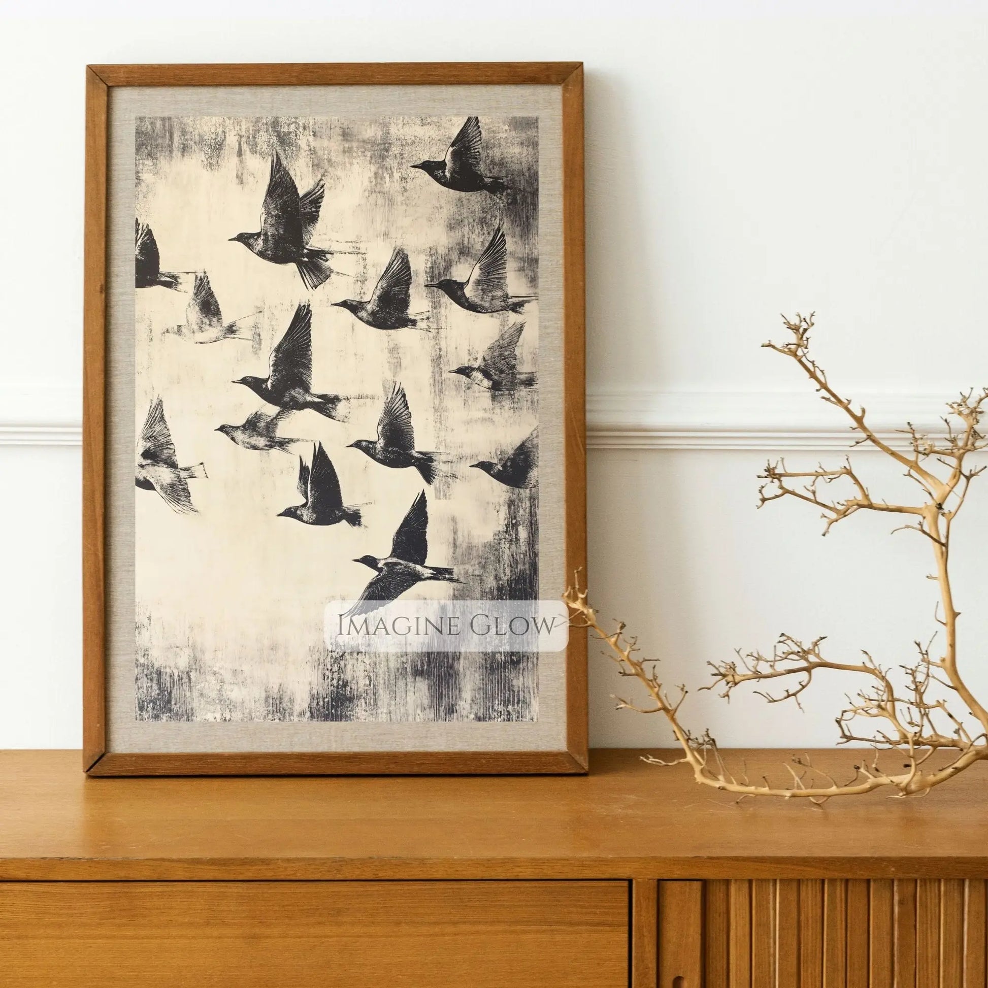 Vintage nature print flock of birds in flight
