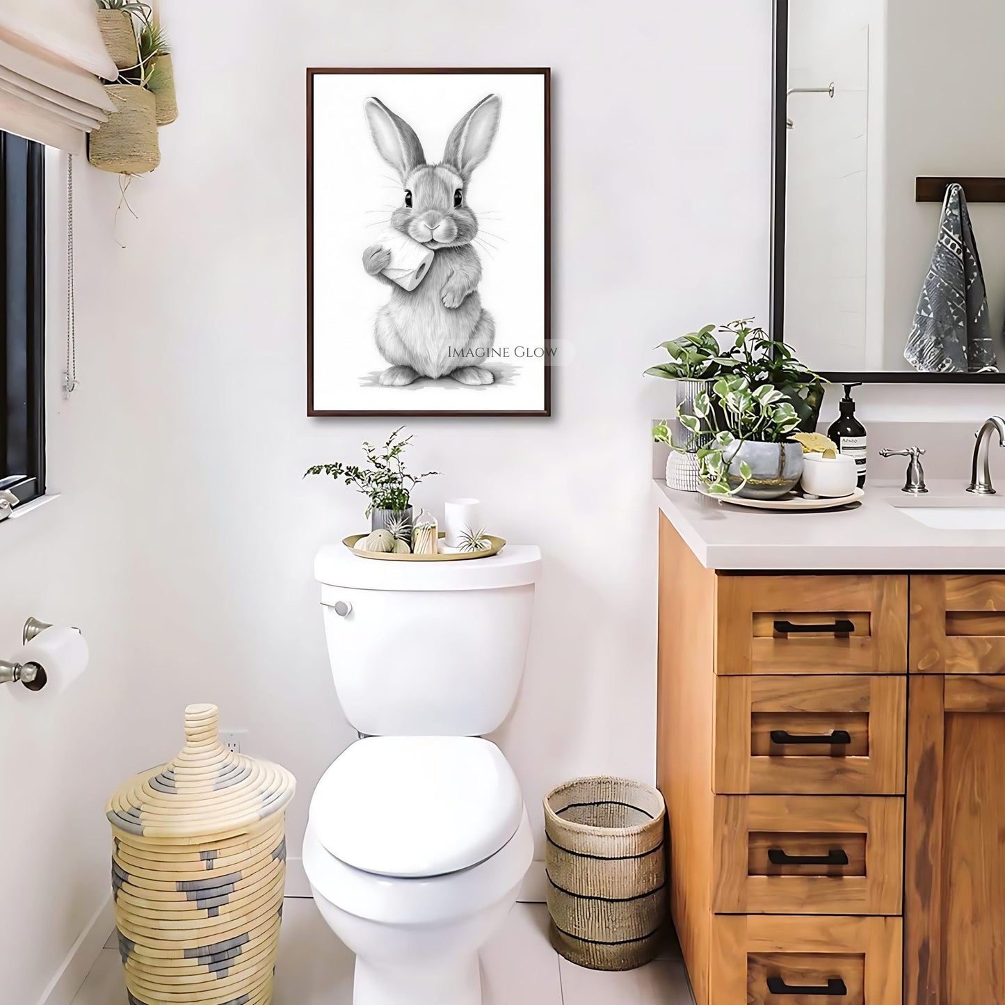 Bunny holding toilet paper in a minimalist black-and-white bathroom print.