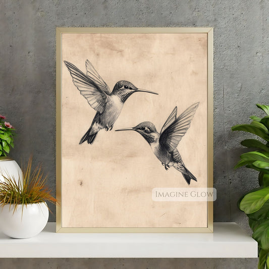 Two hummingbirds vintage sketch print for decor