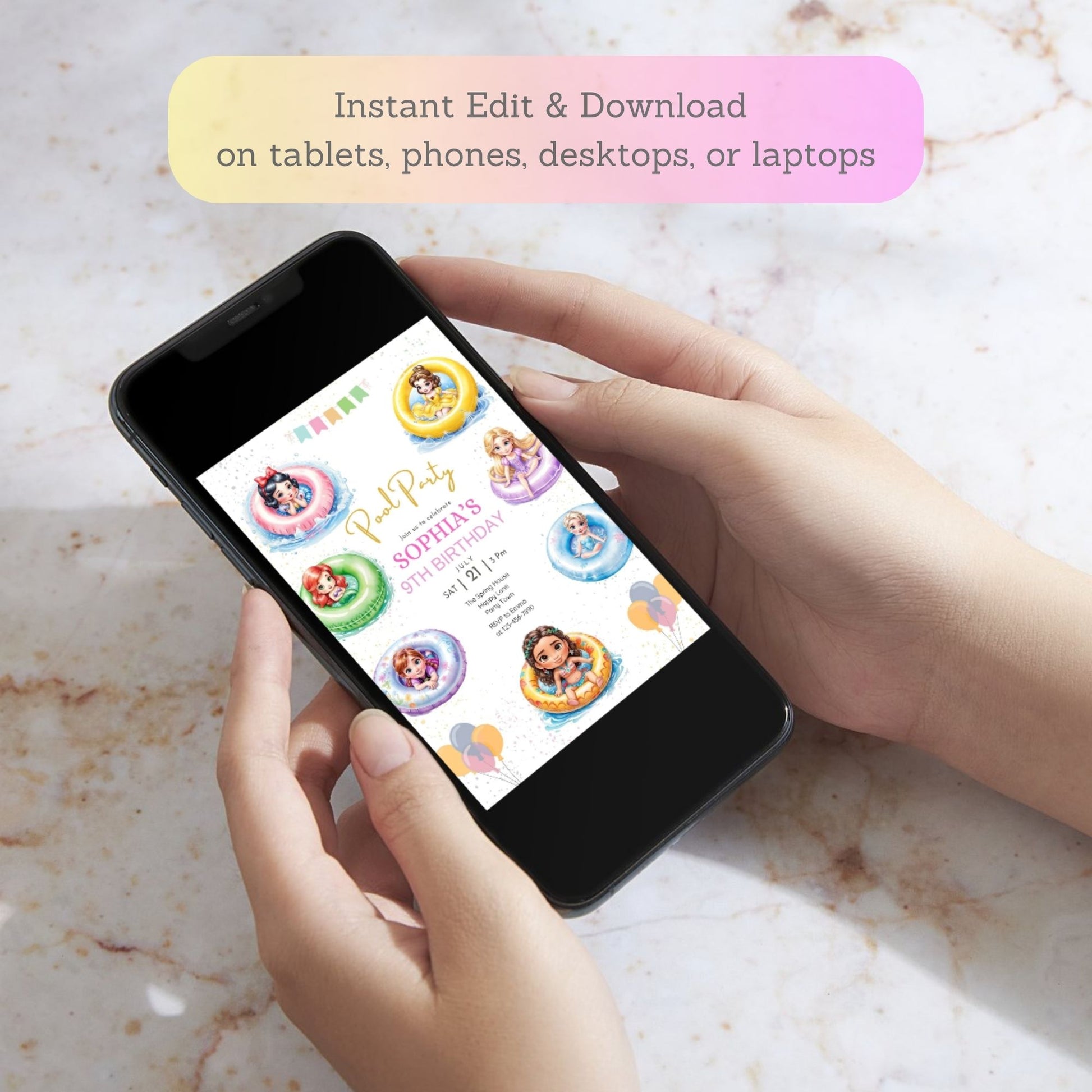 digital princess birthday pool invite
royal summer pool party card