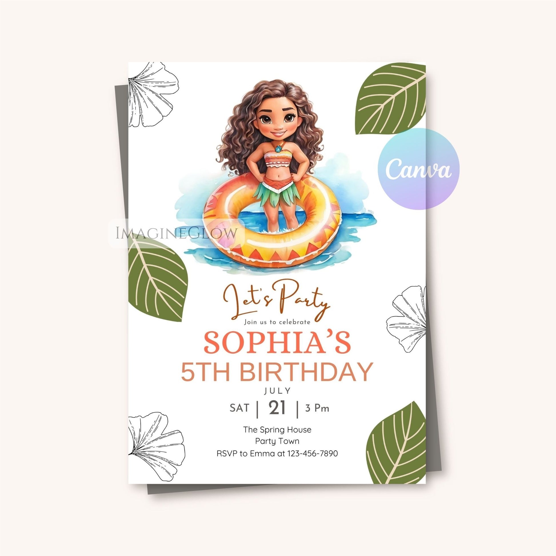 Birthday party invitation with a character on an inflatable ring, surrounded by leaves and flowers.