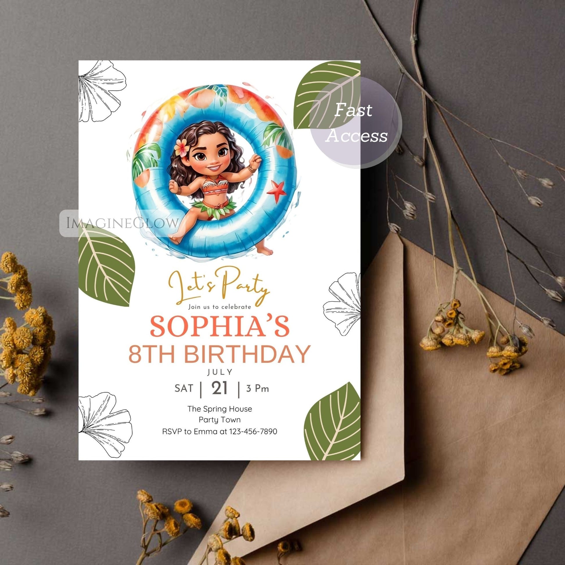 Birthday invitation card with a moana design on a textured surface.