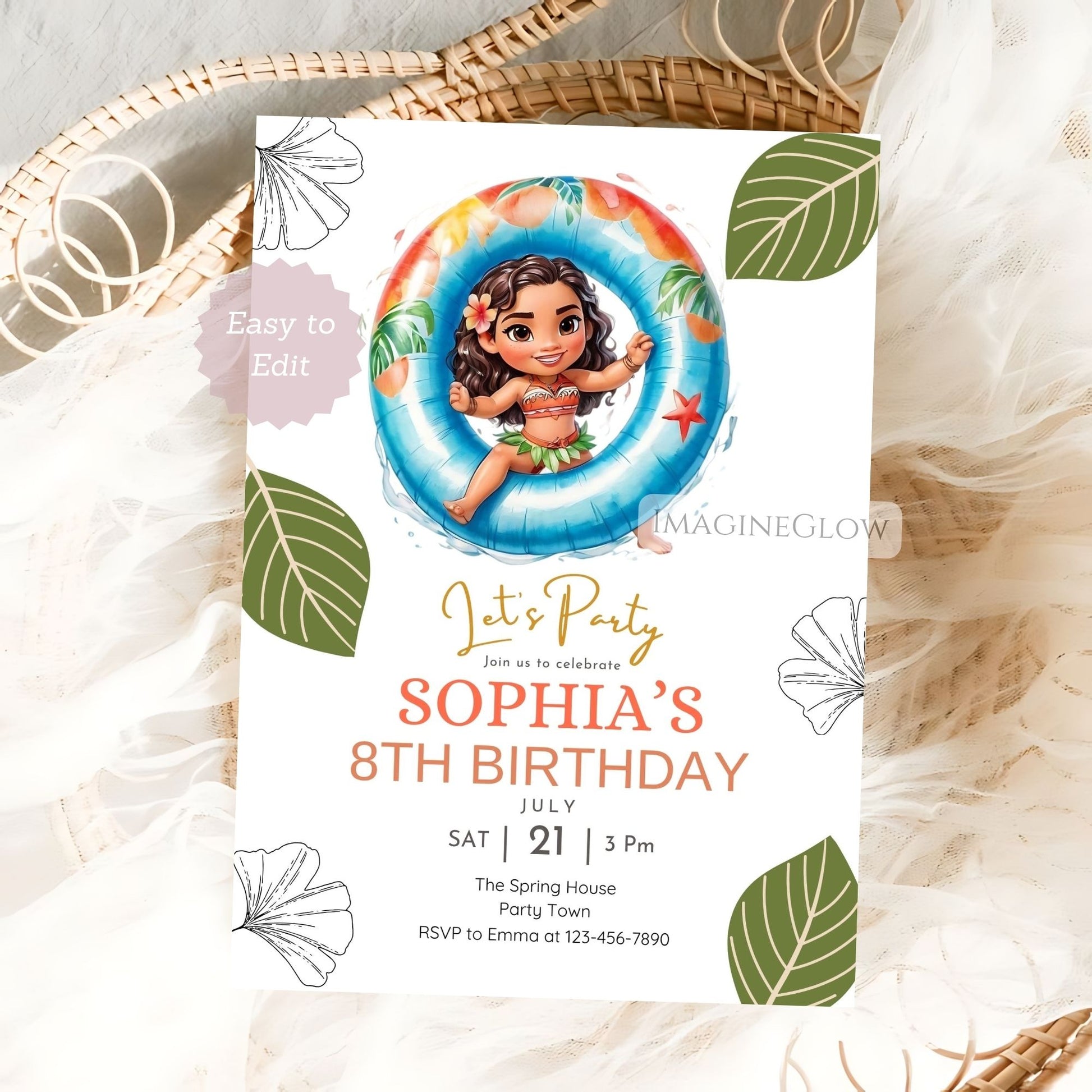 Birthday party invitation with a disney princess character in a pool float on a textured surface