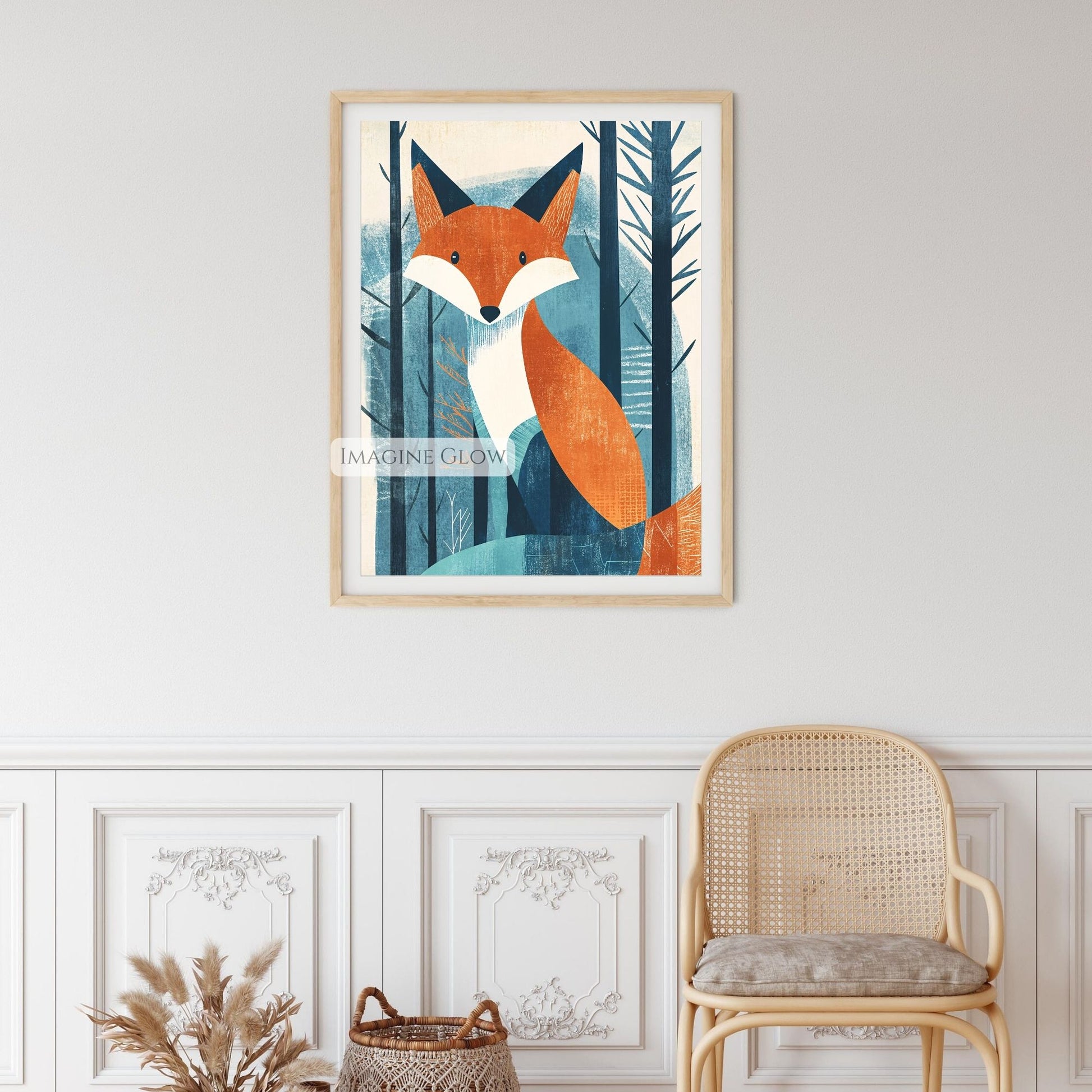 Playful giraffe and elephant art with a fox in retro safari theme.