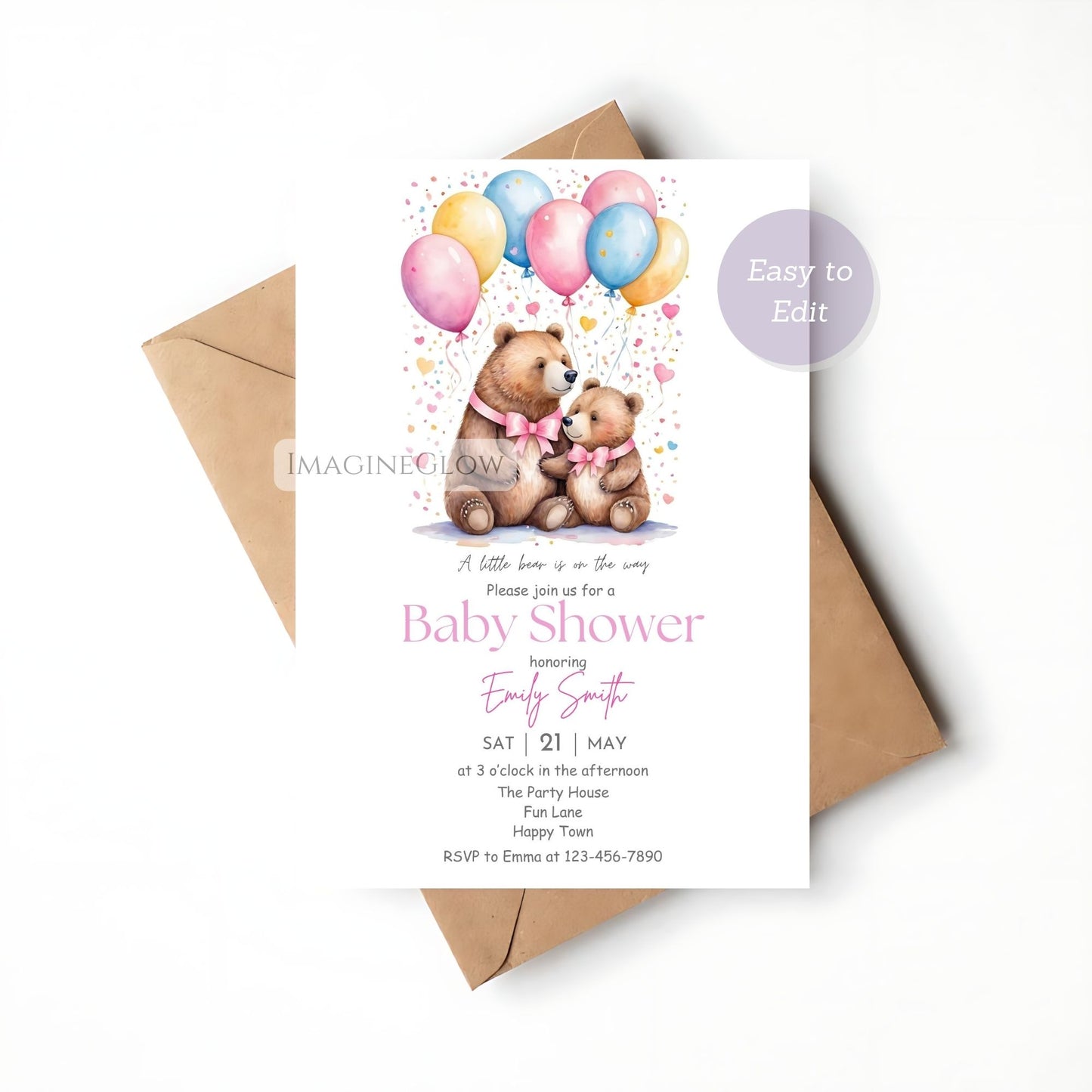 editable bear baby girl invite