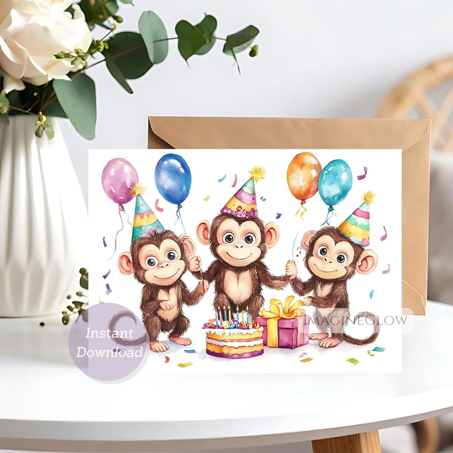 Monkey birthday card with cute animal design
Printable monkey birthday greeting card