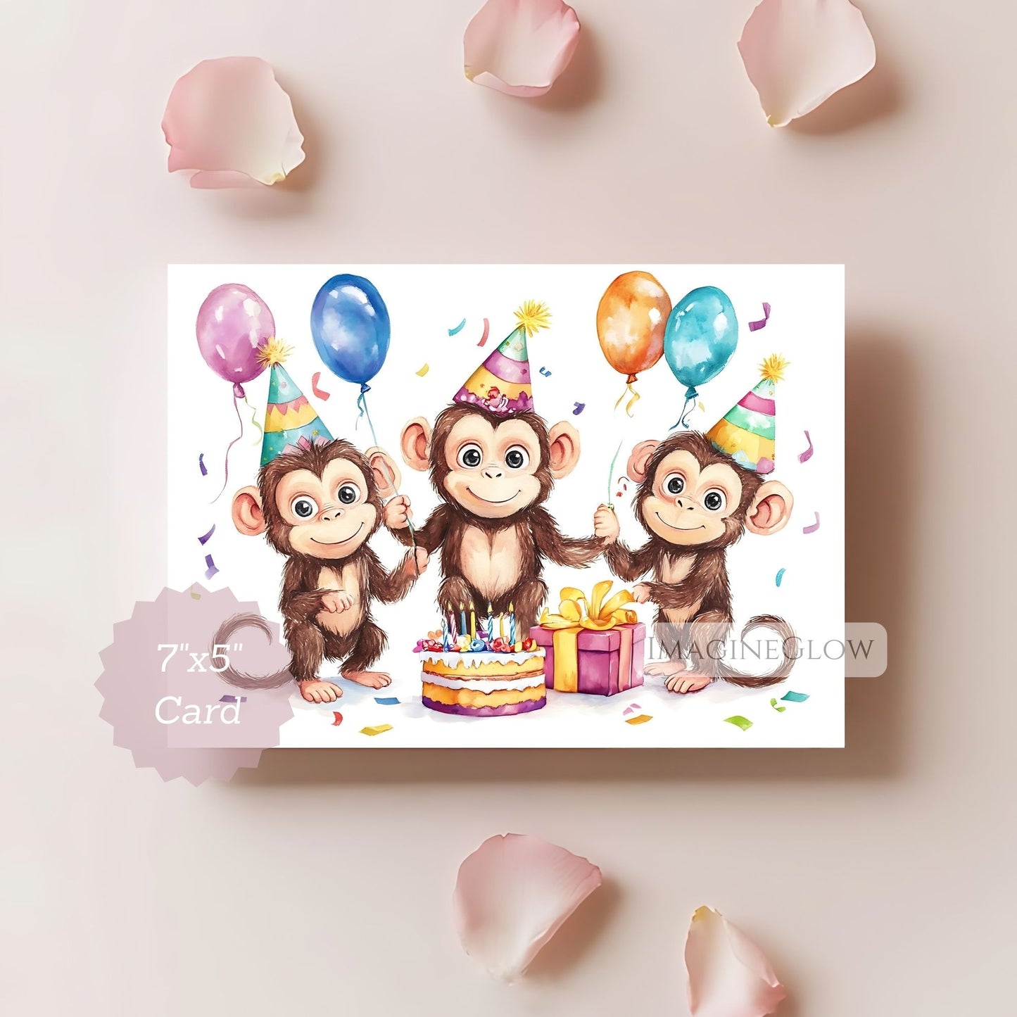 Birthday card with three monkeys holding balloons and a cake on a light background.