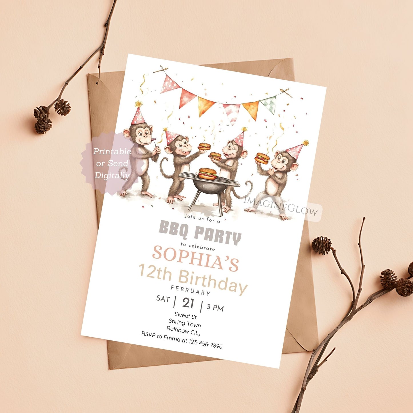 Four monkeys BBQ birthday invitation with grill and chill theme