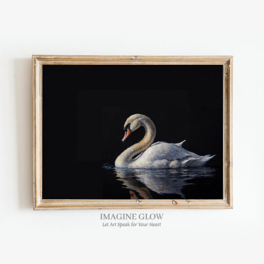 vintage Moody dark swan art print in black and white, elegant wall decor.