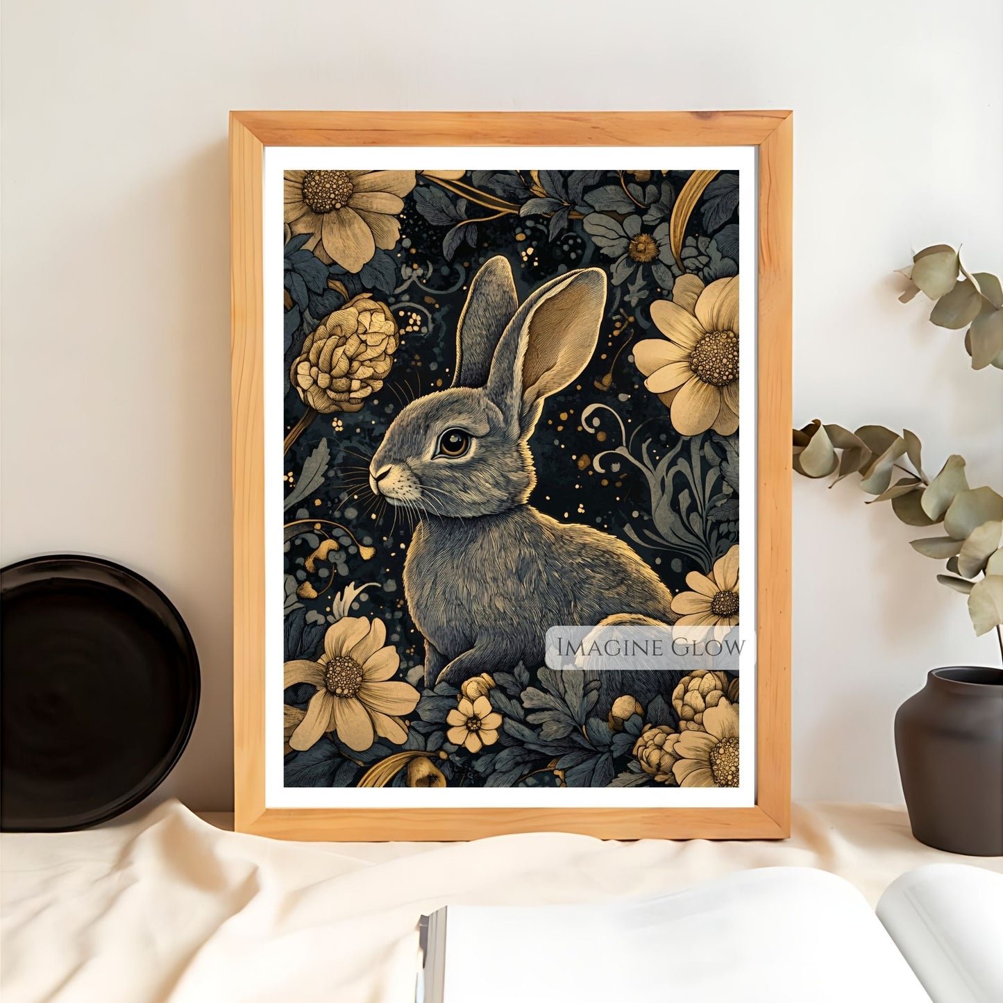 Nature-inspired rabbit print with dark, moody florals