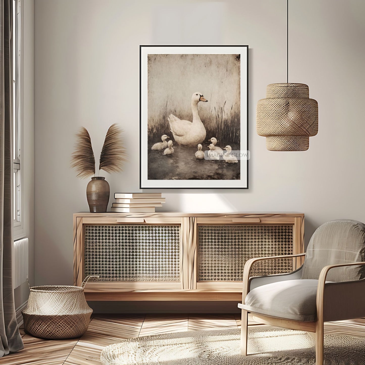 Rustic farmhouse art of a goose and her goslings in water