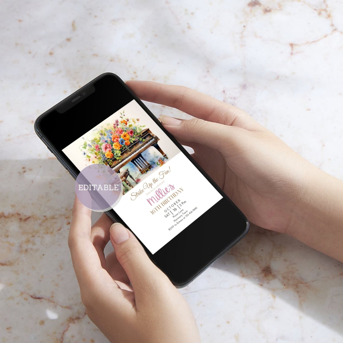 Digital piano-themed party invitation for a music lover's celebration.