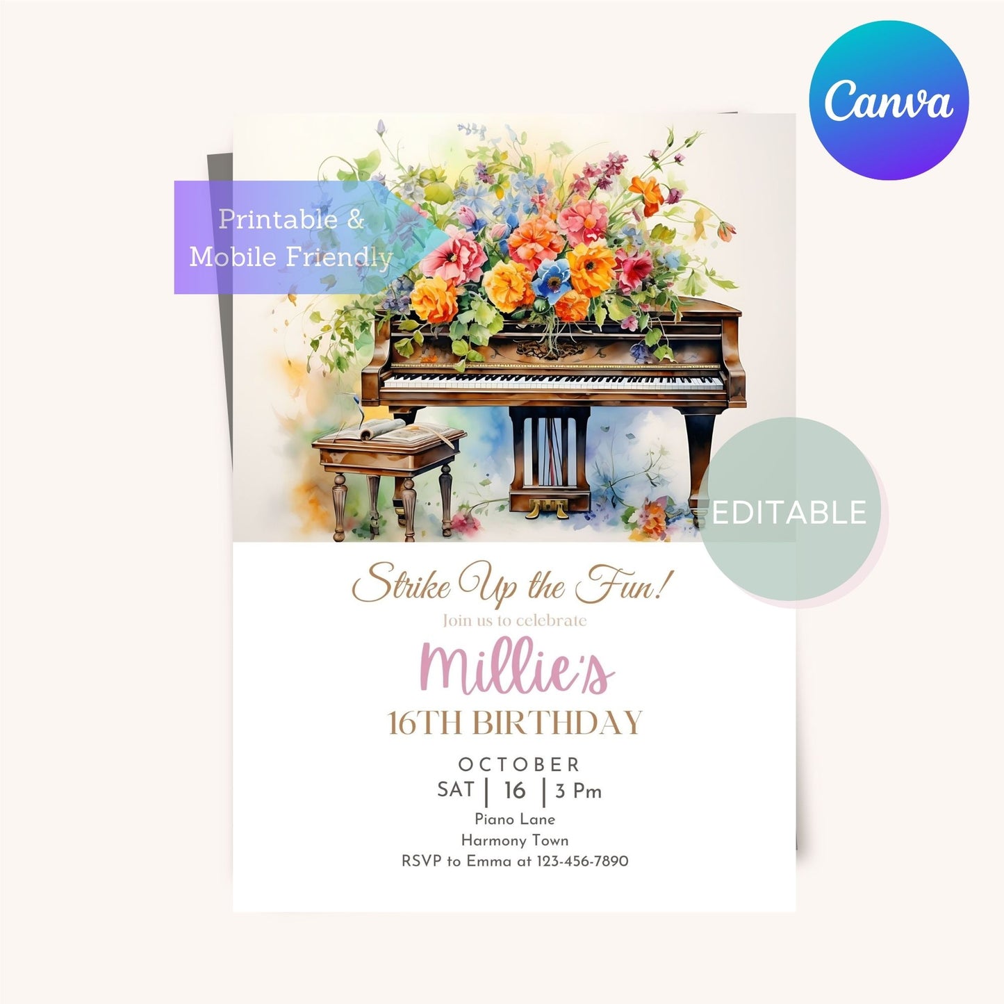 Printable piano design birthday invite, perfect for musical celebrations.