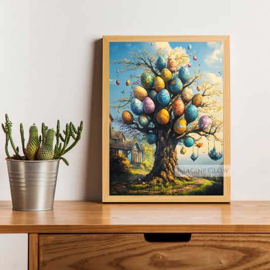Mystical Easter Eggs Tree Art Print with glowing accents