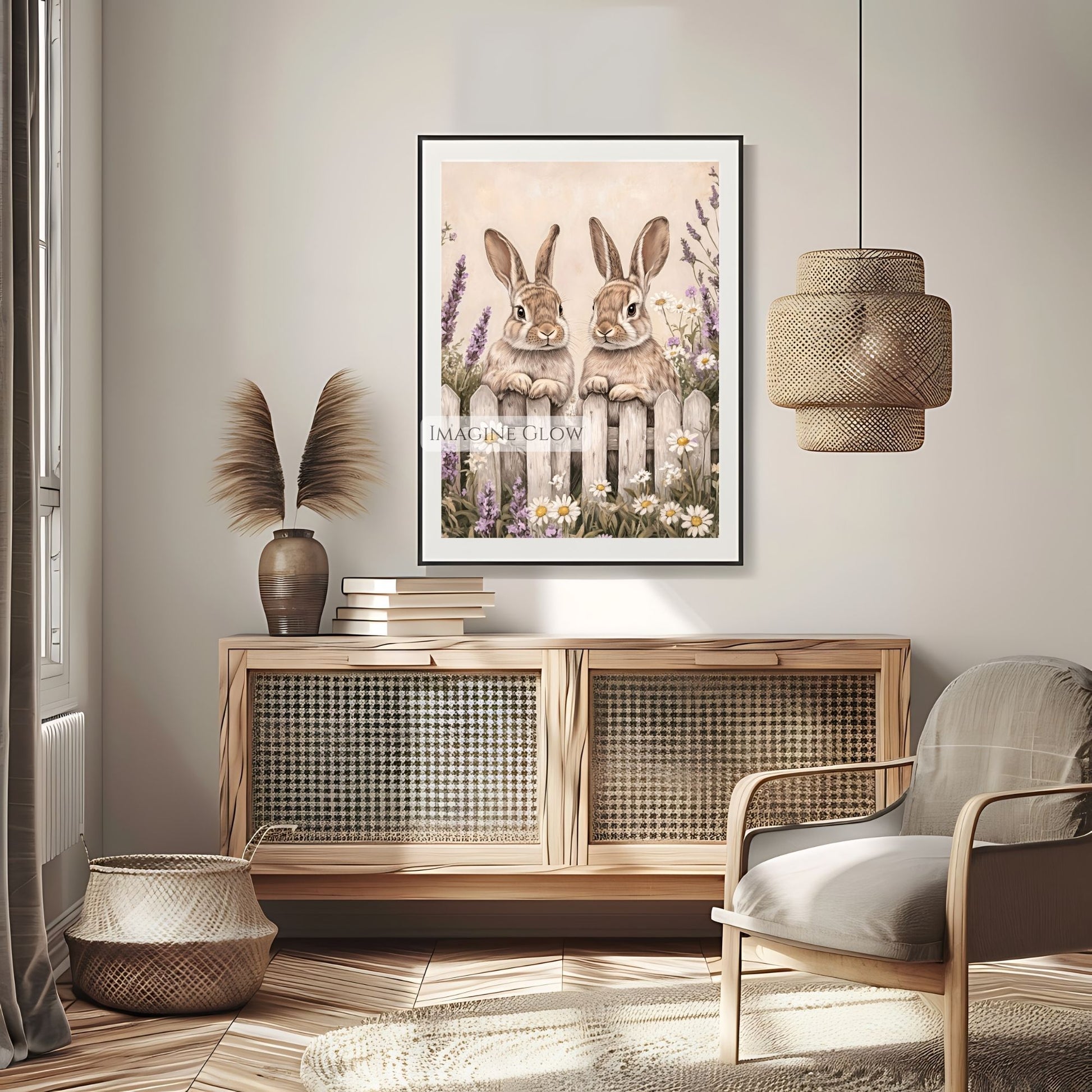 Sweet and serene wildflower print featuring two playful bunnies.