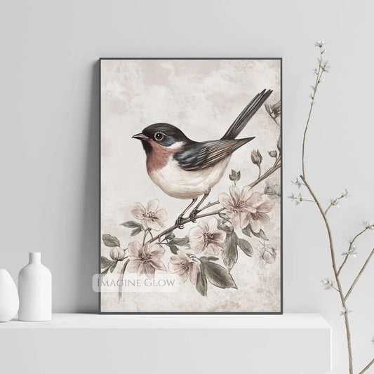 Vintage bird illustration on a flowering branch botanical wall art.