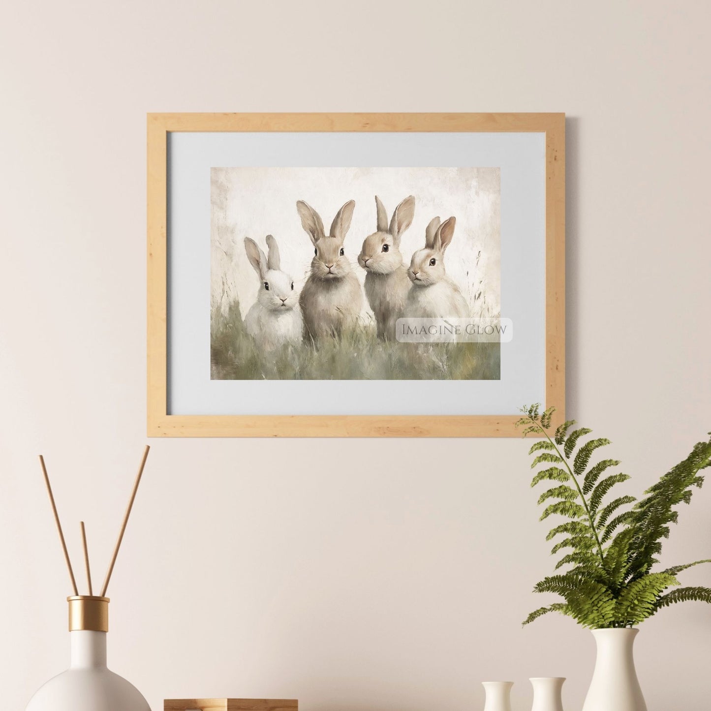 Four bunnies hopping in a field - rustic rabbit art