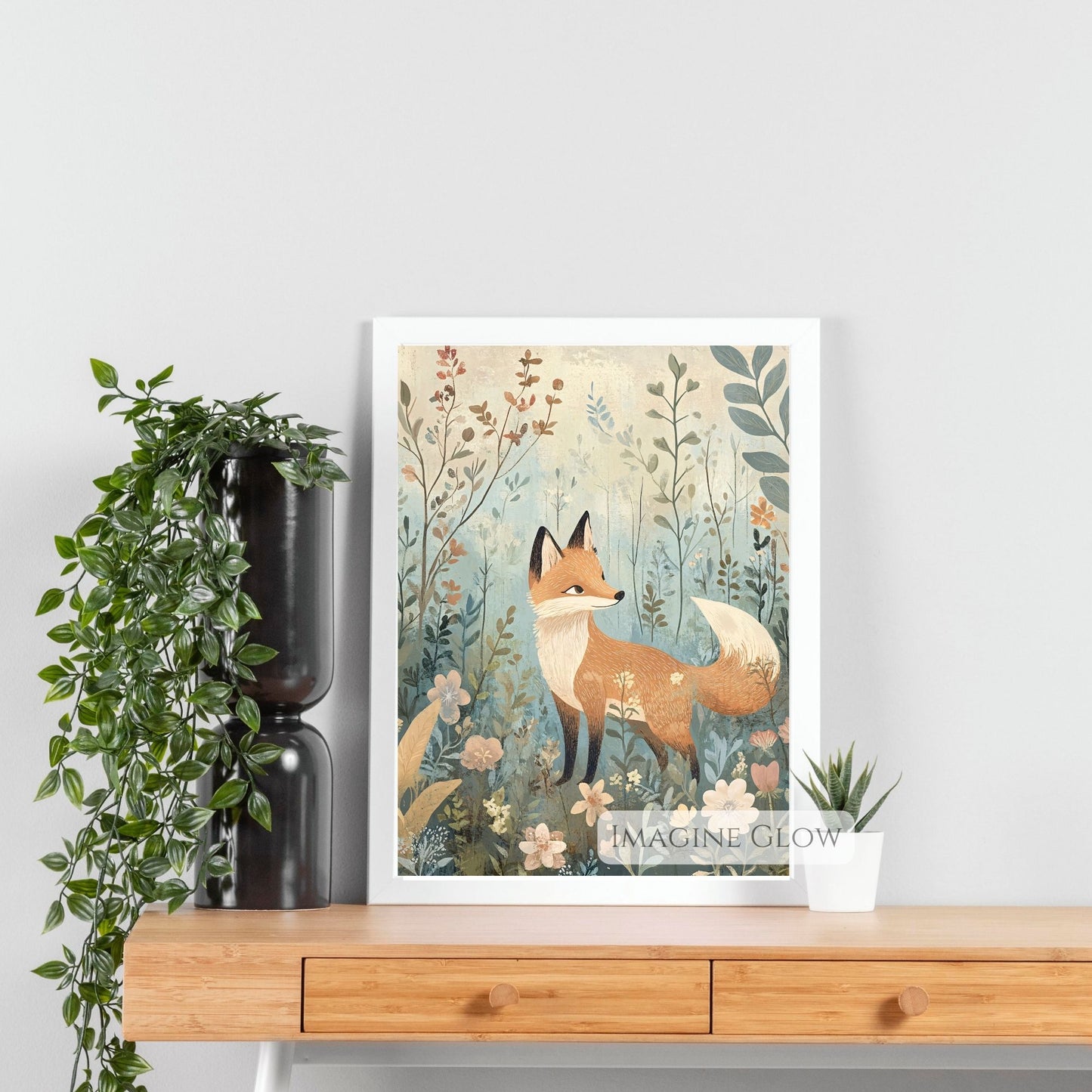 Floral fox artwork for rustic woodland decor.