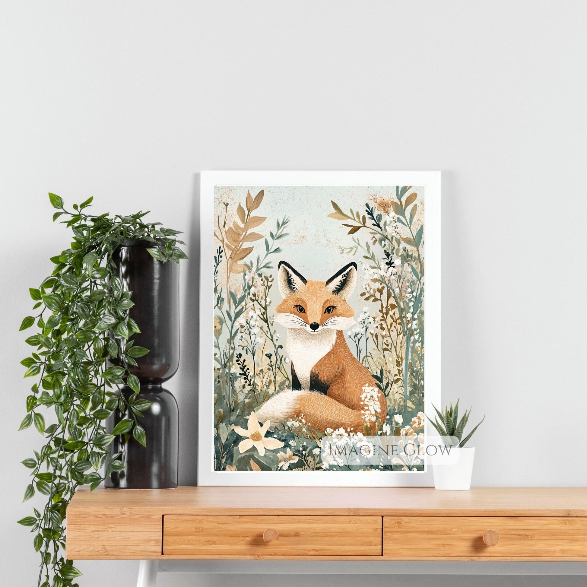 Woodland animal print with a fox and flowers.