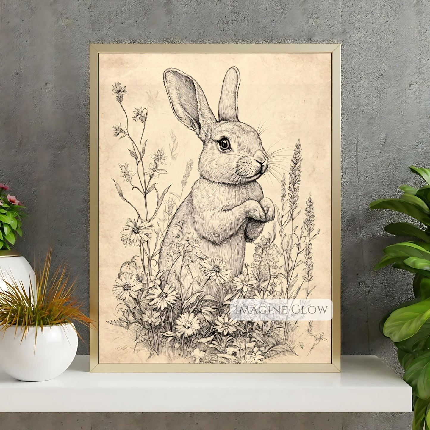 Bunny sketch in vintage style with flowers.