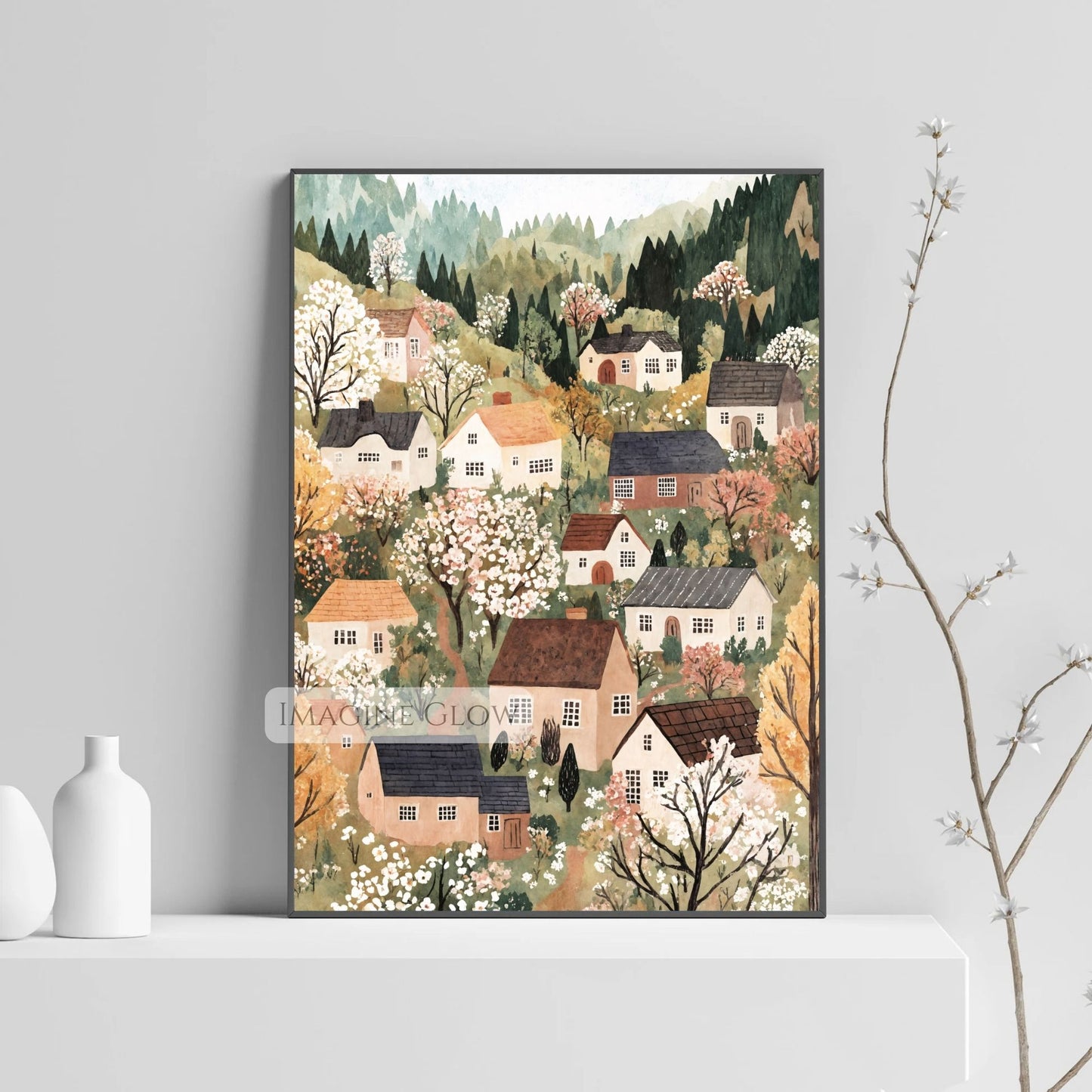 Blossoming trees spring village digital art decor