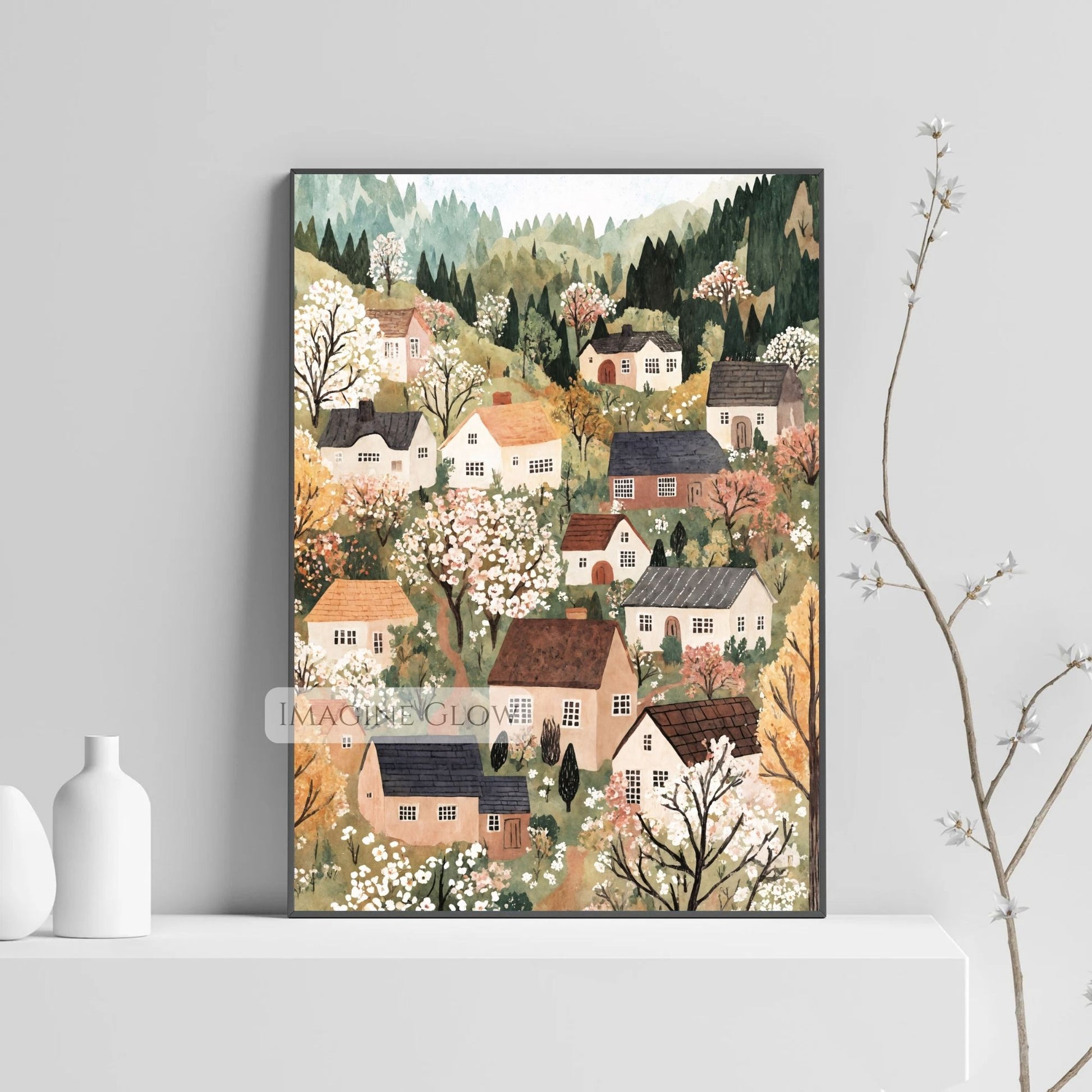 Blossoming trees spring village digital art decor
