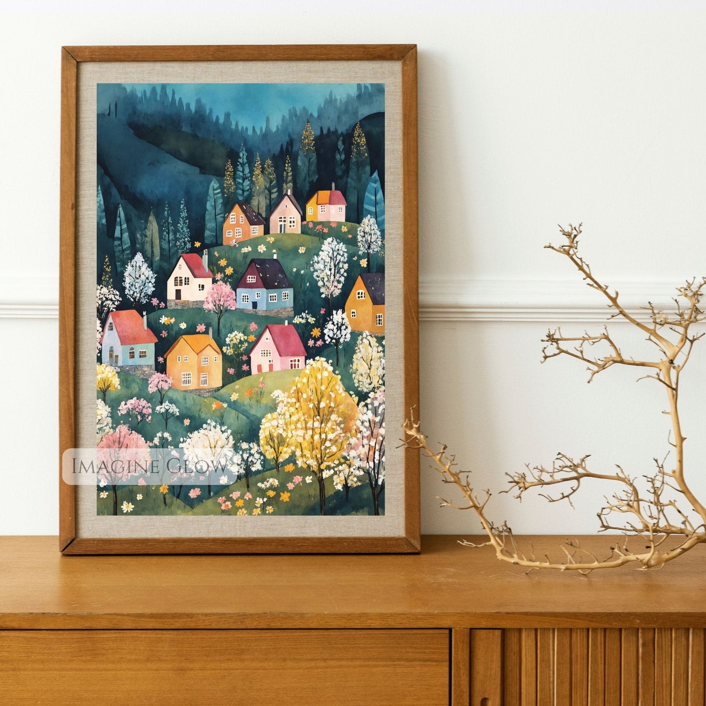 Rustic farmhouse-style spring village digital artwork