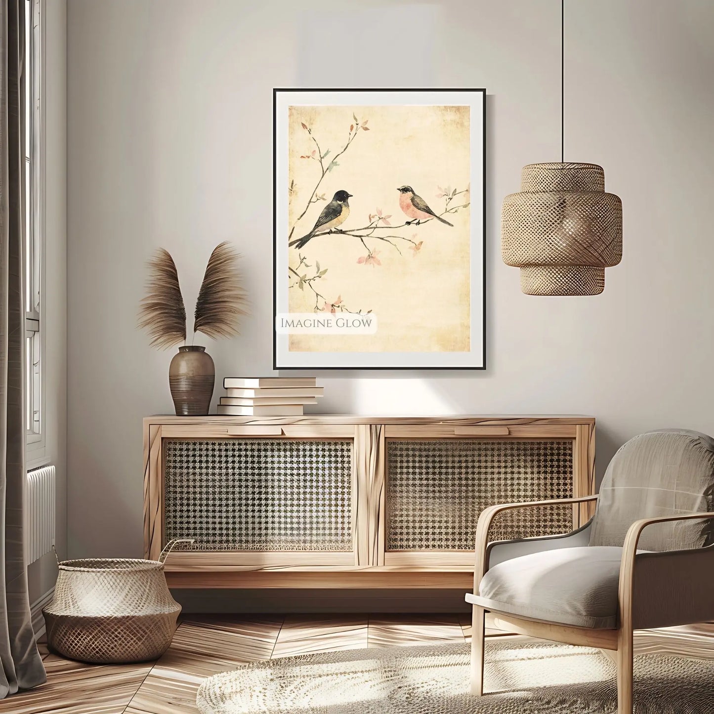 Two birds perched on a blossoming branch vintage wall decor