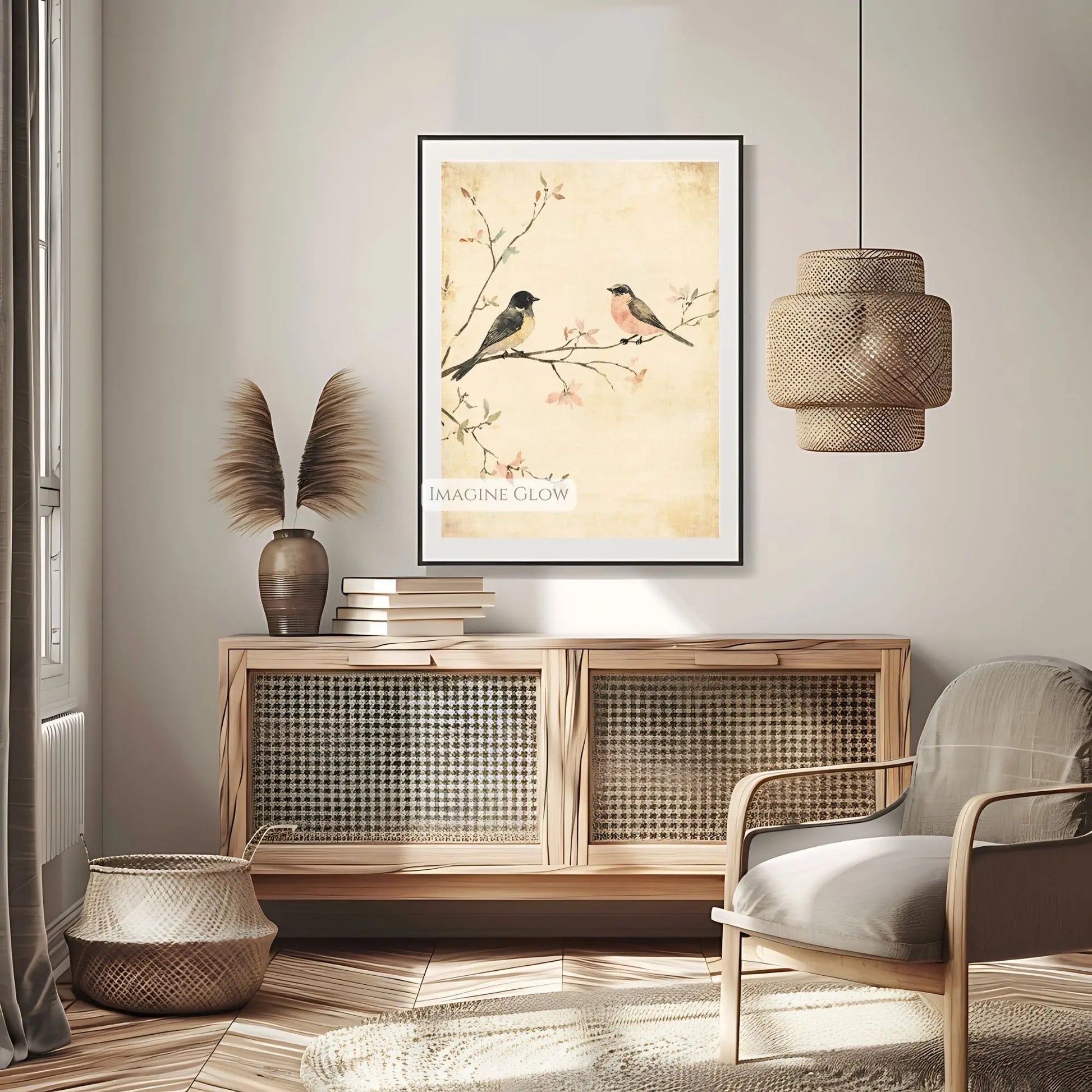 Two birds perched on a blossoming branch vintage wall decor