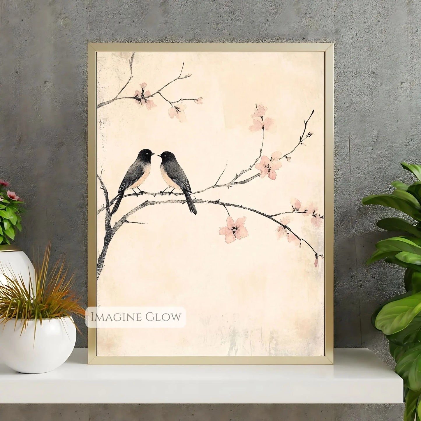 Nature-inspired art of two birds on a tree branch with blossoms