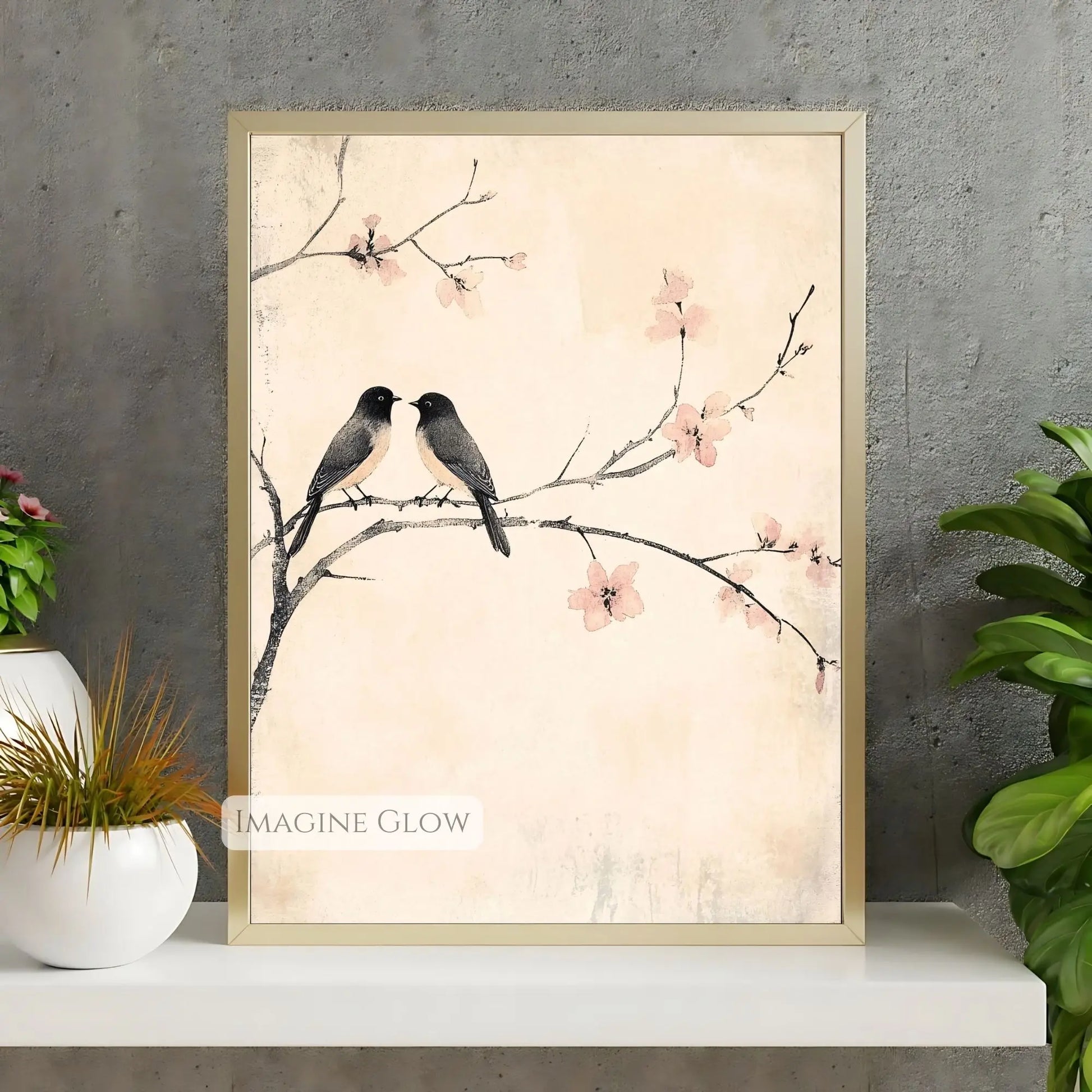 Nature-inspired art of two birds on a tree branch with blossoms