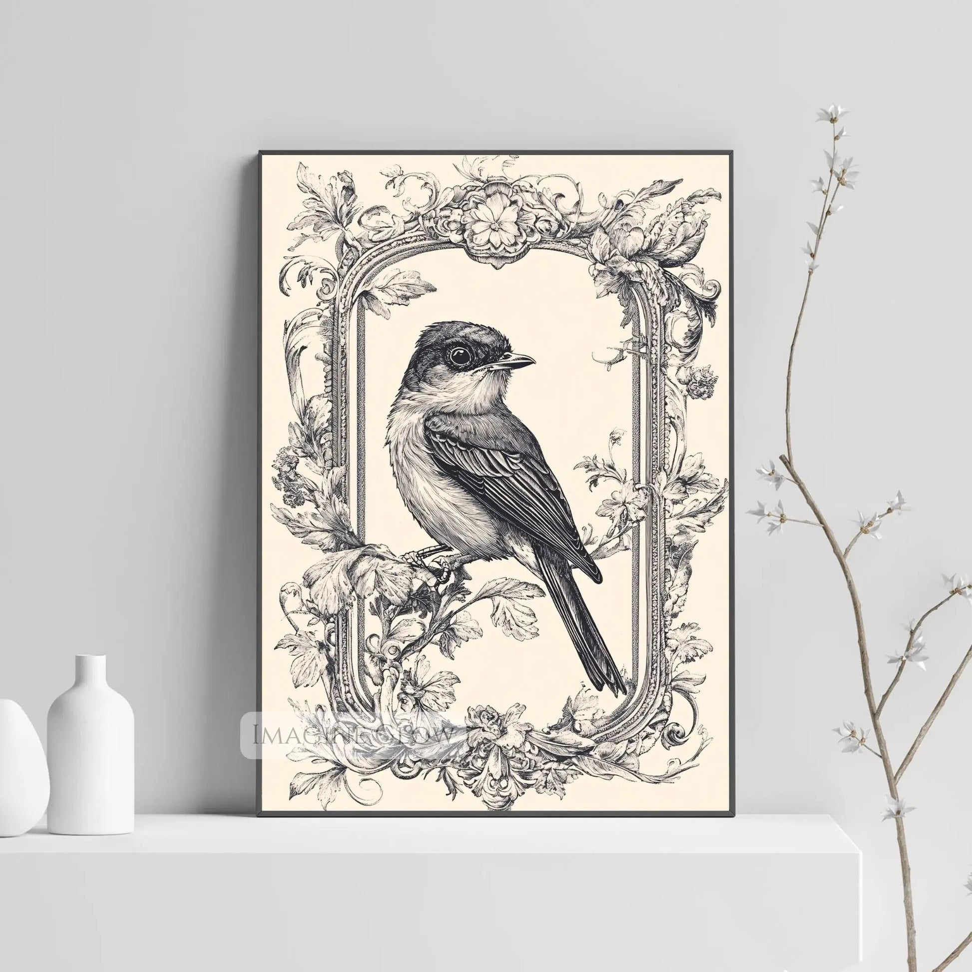 Rustic farmhouse bird illustration vintage print.