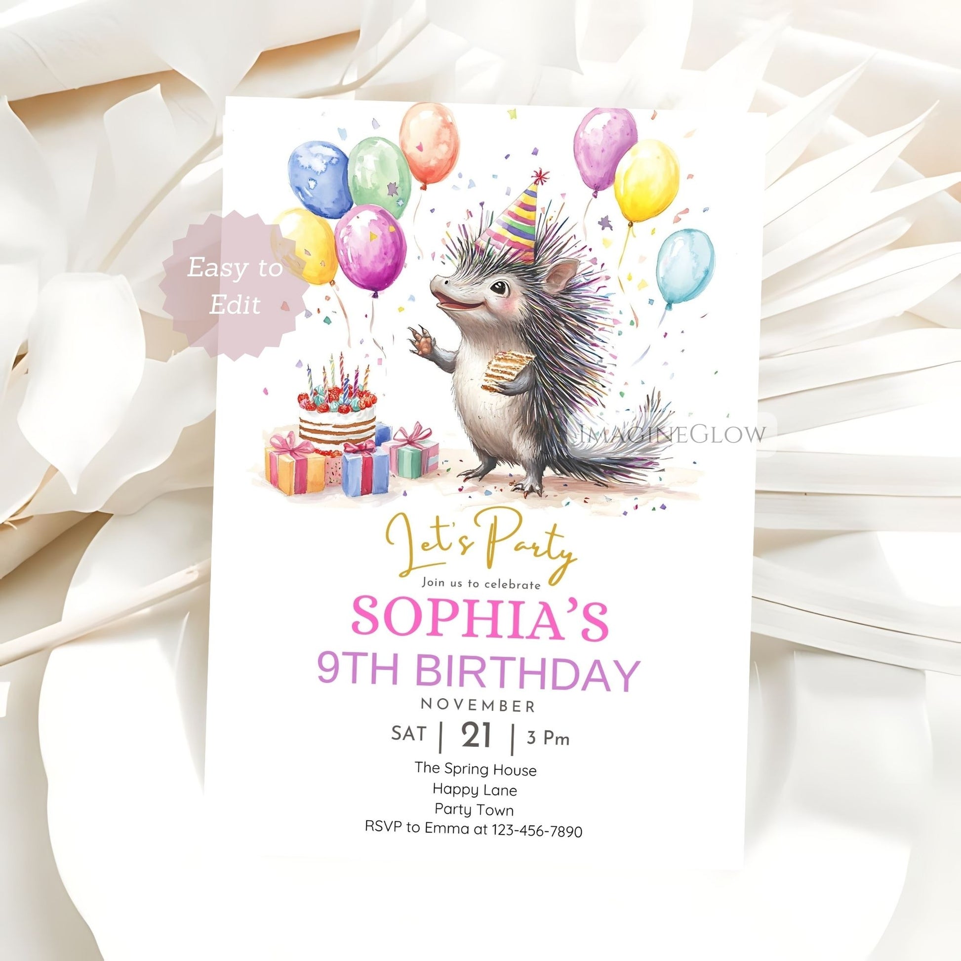 Rustic forest birthday invitation with porcupine design