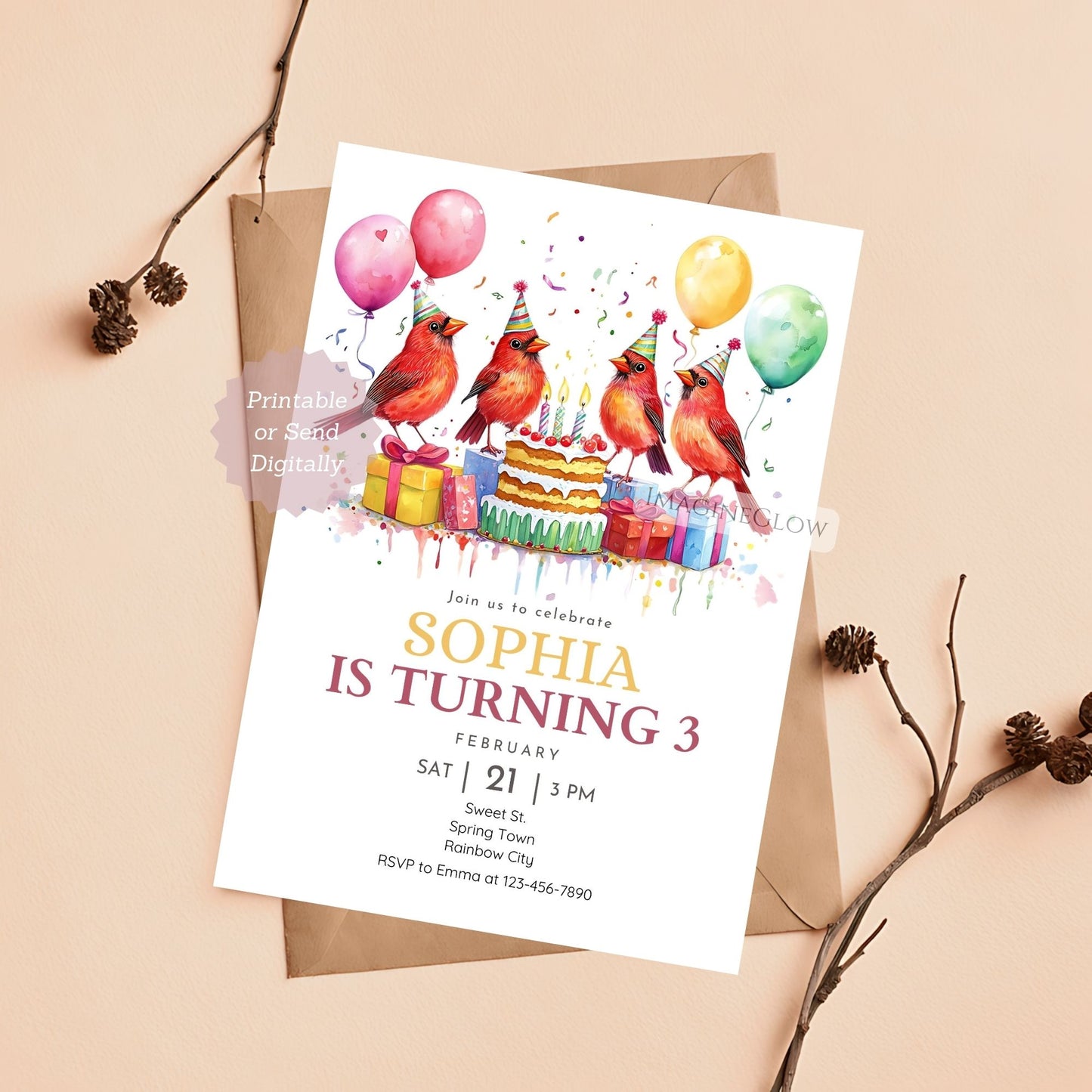 Cardinal Birthday Invitation digital download