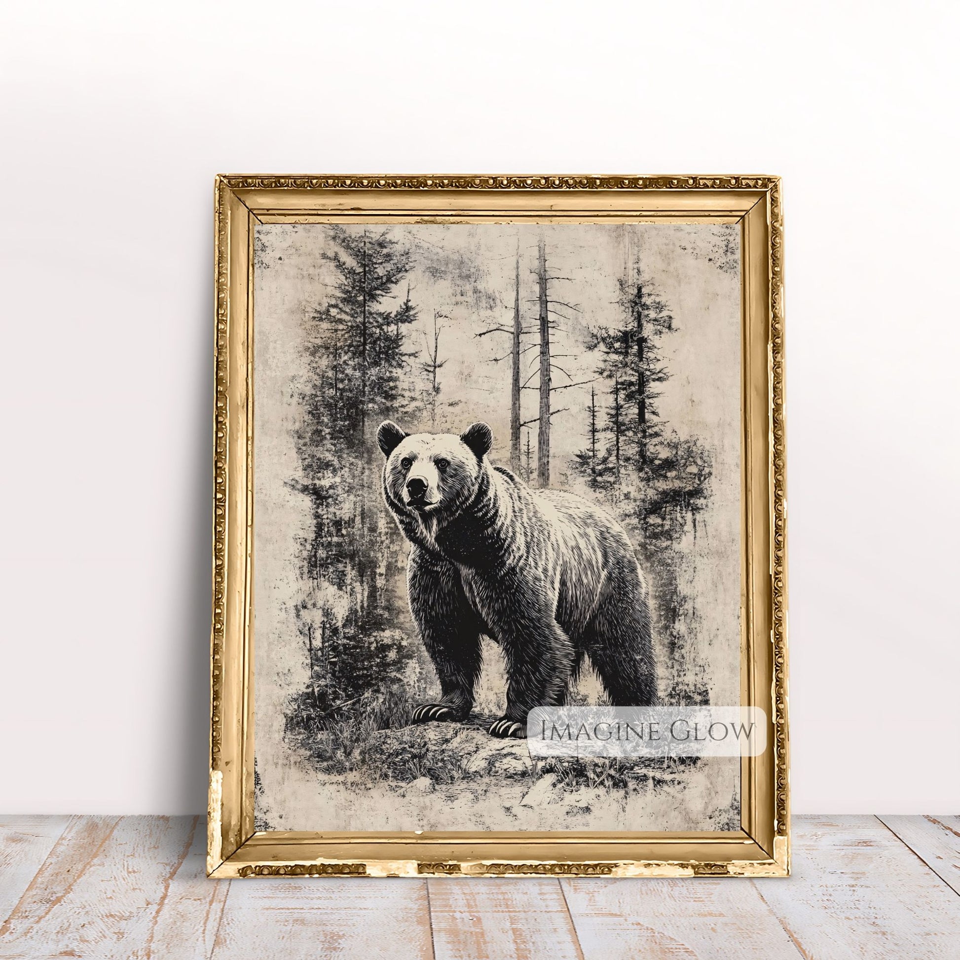 Rustic print of bear in the forest.